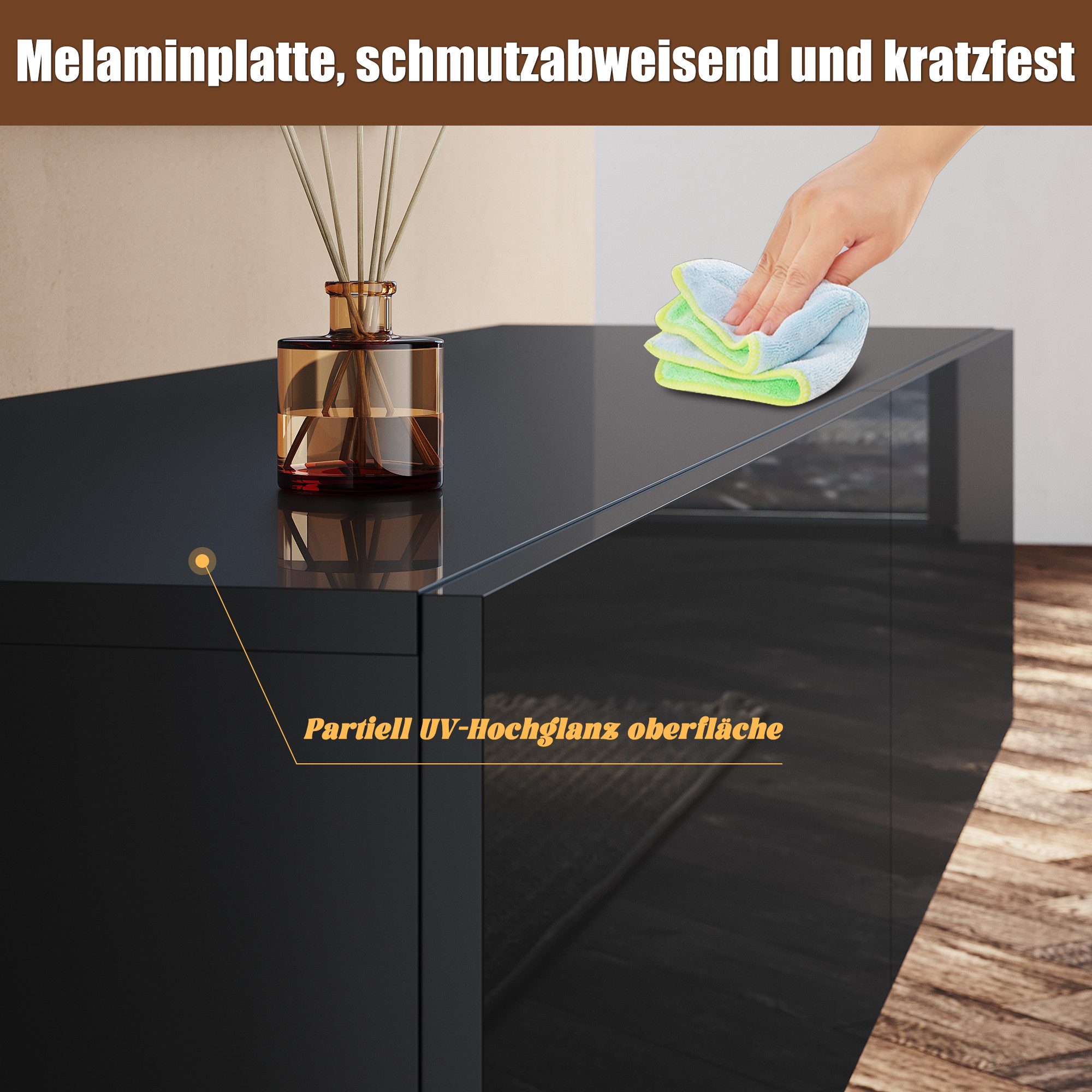 SONNI Lowboard Breite 140/160/180cm,TV Board,Hängend,Hochglanz,Weiß/schwarz, Belastbarkeit:20kg