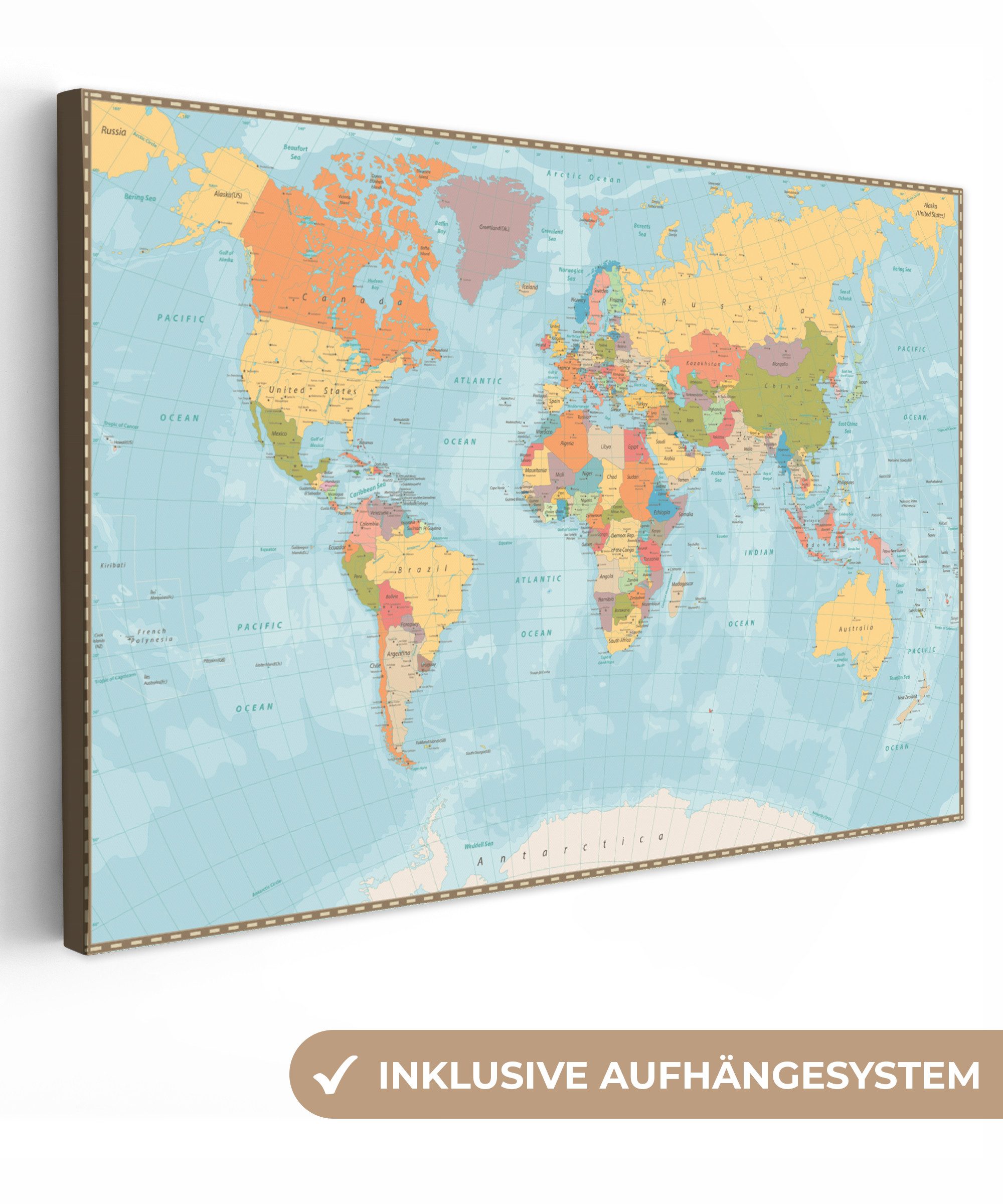 OneMillionCanvasses® Leinwandbild Weltkarte - Farben - Atlas, Fotodruck (1 St), Leinwand Bilder Klein, Wand Dekoration Aesthetic 30x20 cm