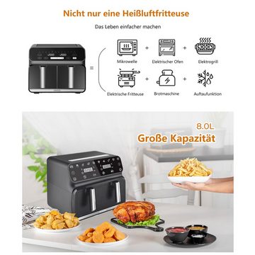 REDOM Heißluftfritteuse Digitale Heissluft Fritteusen Diät-Fritteuse Airfryer Air Fryer 8,0 L, 1700,00 W, ölfrei, Touchscreen, 2 Fächer, 10 Programme