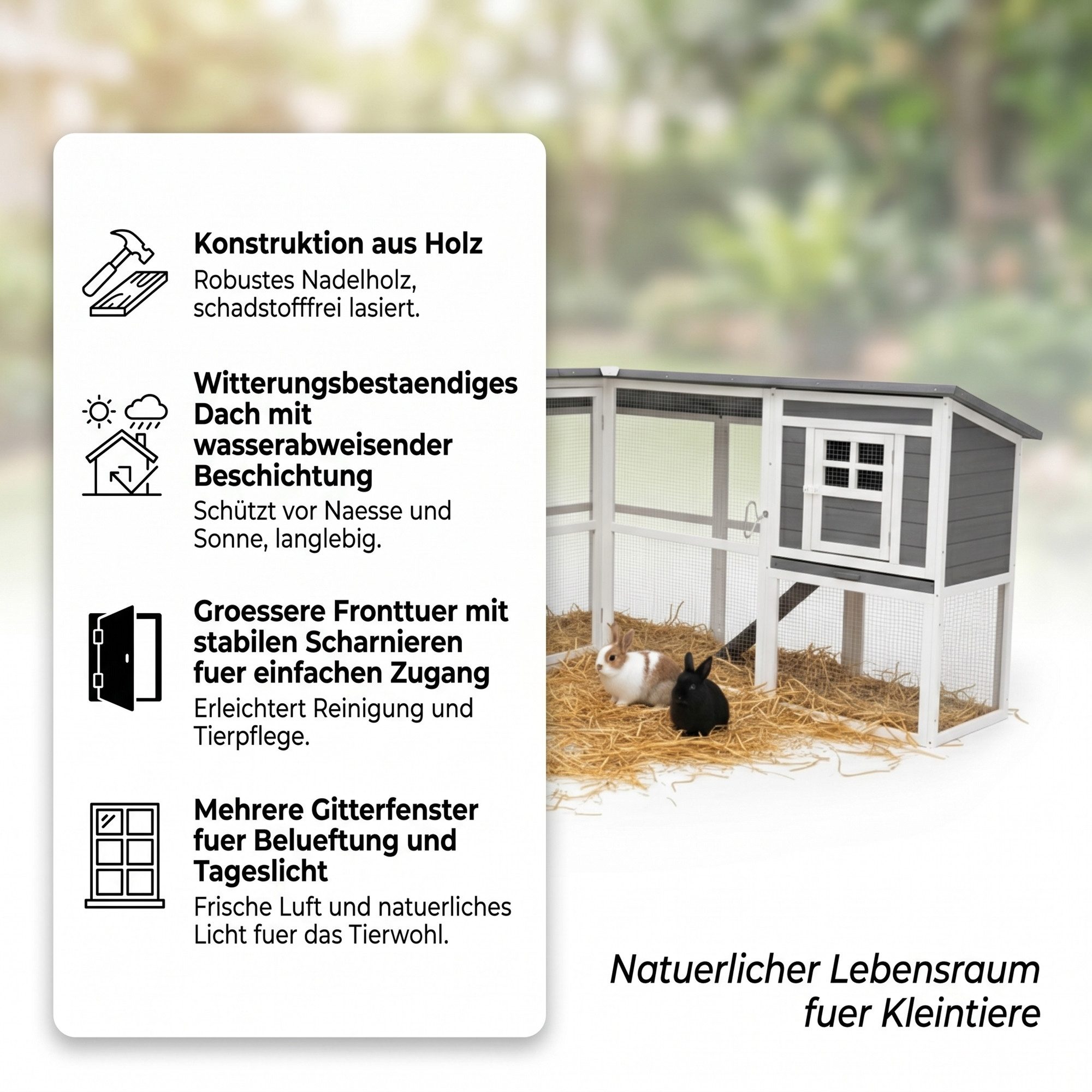 Mucola Kleintierstall Kaninchenstall mit Freilaufgehege und 2 Ebenen und Rampen aus Holz, Kleintierstall mit Rampen, Freilauf und Reinigungsschubladen