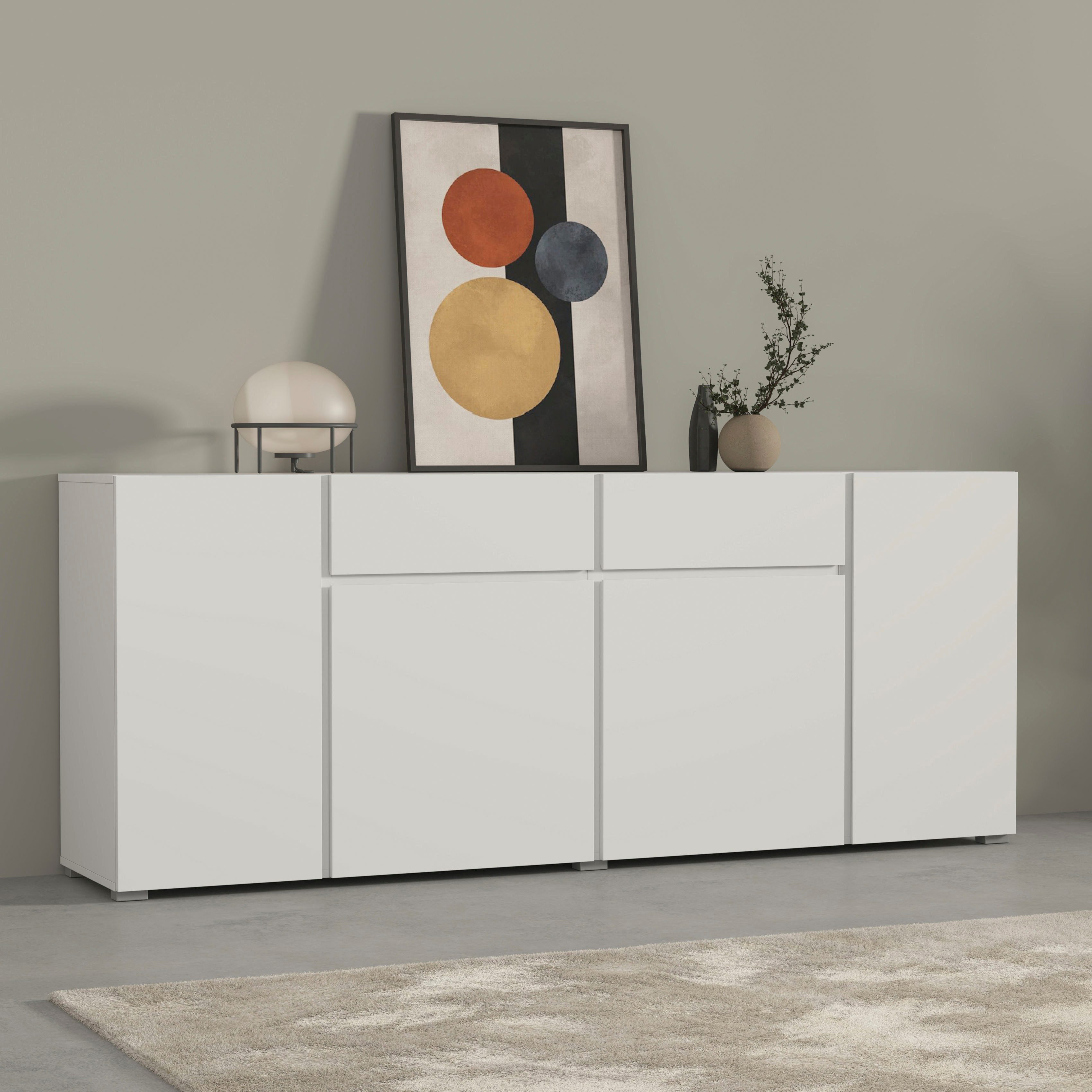 Sideboard Asymetric, Breite 195 cm, grifflose Kommode 4 Türen/2 Schubkästen