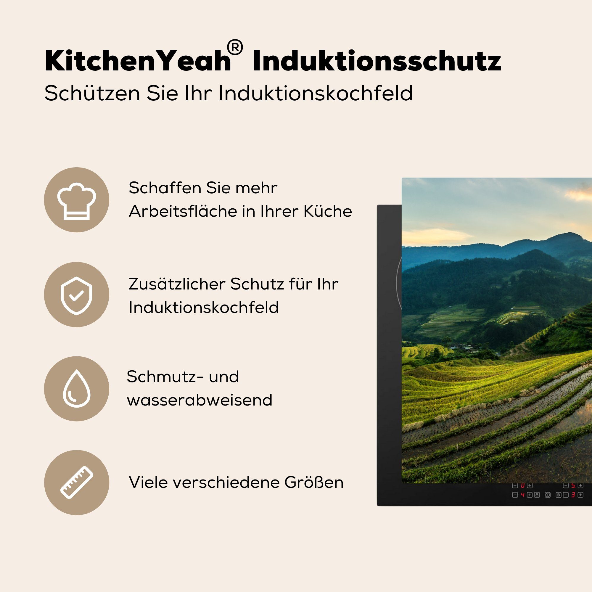 für tlg), - küche, - Vietnam Herdblende-/Abdeckplatte (1 Vinyl, Sonne, Schutz Induktionskochfeld 81x52 MuchoWow Ceranfeldabdeckung Reisfelder cm, die