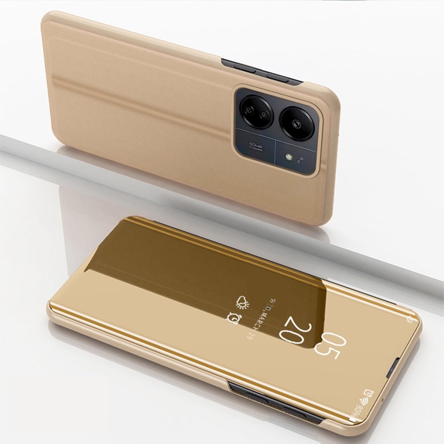 Wigento Handyhülle Für Xiaomi Redmi 13C View Spiegel Handy Smart Cover Wake UP Case Gold