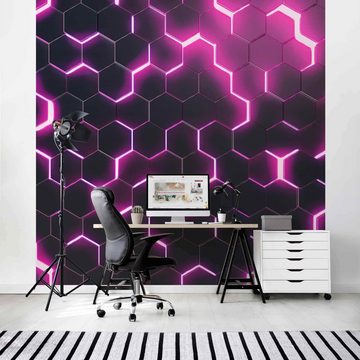 Bilderdepot24 Mustertapete Hexagone Neonlicht Pink 3D-Optik Muster Neon Art Gaming schwarz modern, Glatt, Matt, (Inklusive Gratis-Kleister oder selbstklebend), Jugendzimmer Gaming Zimmer Tapete Wohnzimmer Vliestapete Wandtapete