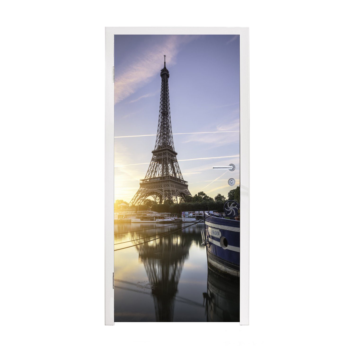 MuchoWow Türtapete Eiffelturm - Paris - Wasser, Matt, bedruckt, (1 St), Fototapete für Tür, Türaufkleber, 75x205 cm