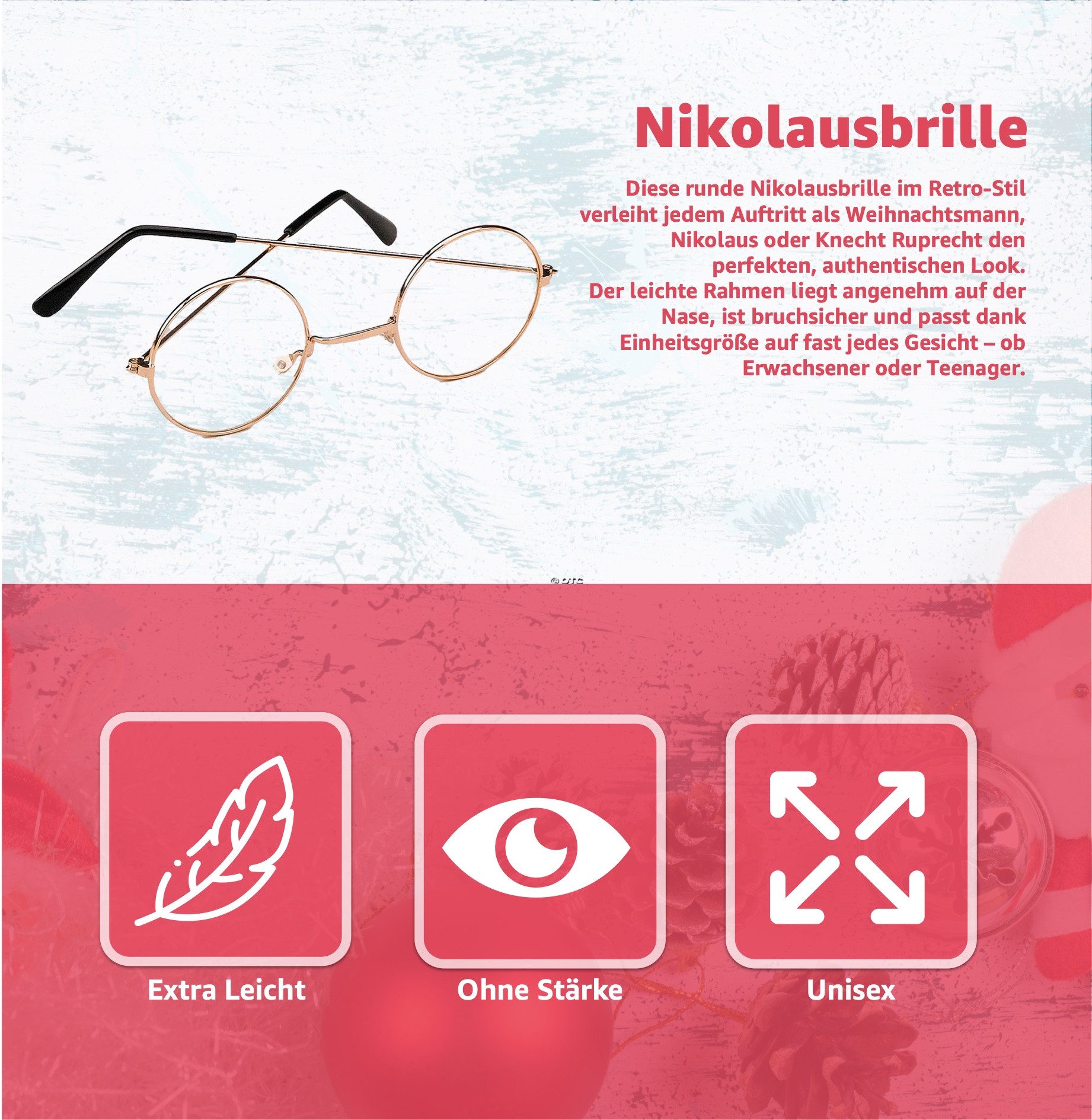 MerryXmas Kostüm 1x Nikolausbrille rund - Nikolaus Accessoire für Weihnachten