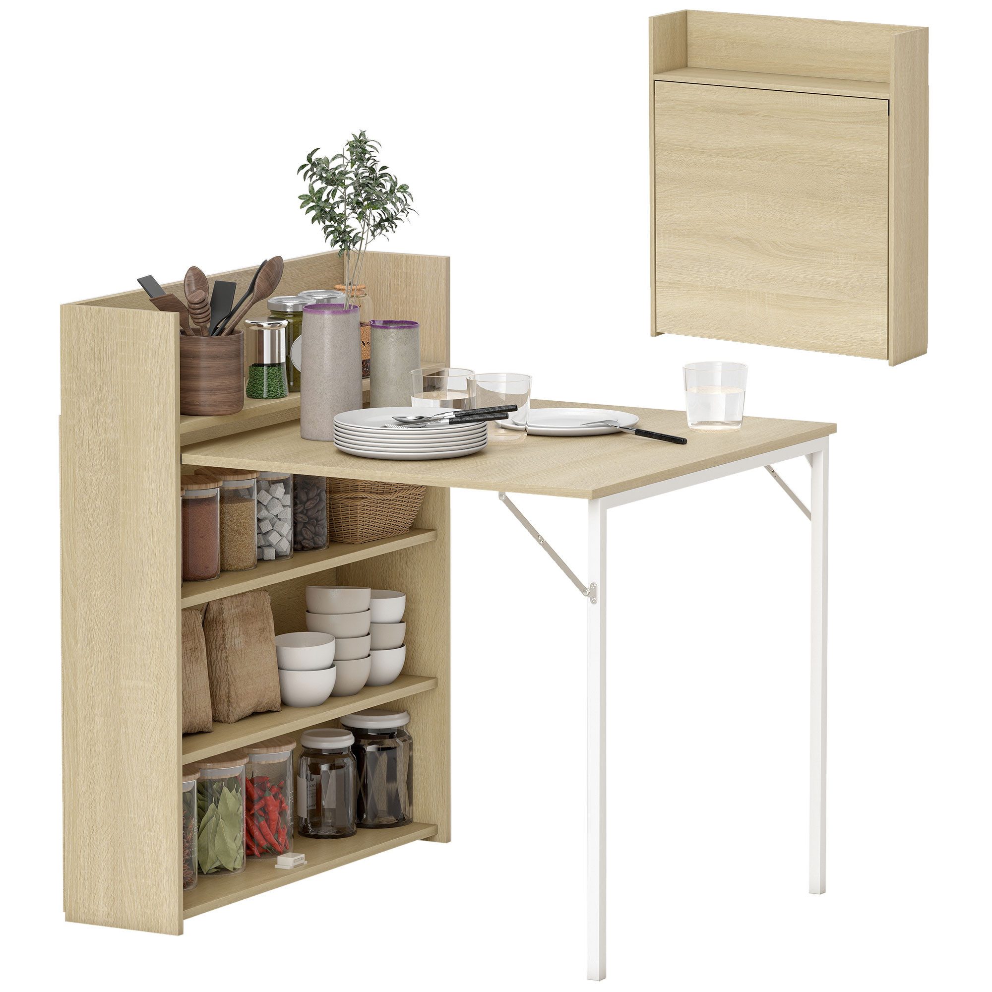 HOMCOM Klapptisch Klappbar Esstisch mit 4-stufigen Regalen für 3 Personen (Esszimmertisch, 1-St., Küchentisch), für kleine Räume, Küche, Esszimmer, 78,5 x 91 x 93 cm, Eiche