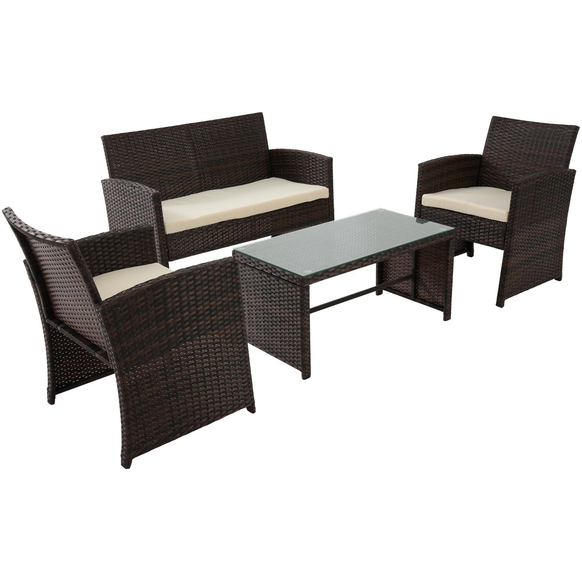 CLP Sitzgruppe Gartengarnitur Loungemöbel Balkonmöbel, (Spar-Set, 4-tlg., 115x66x79 cm wetterfest), wetterfest, UV-beständig, Glasplatte, inkl. Polster