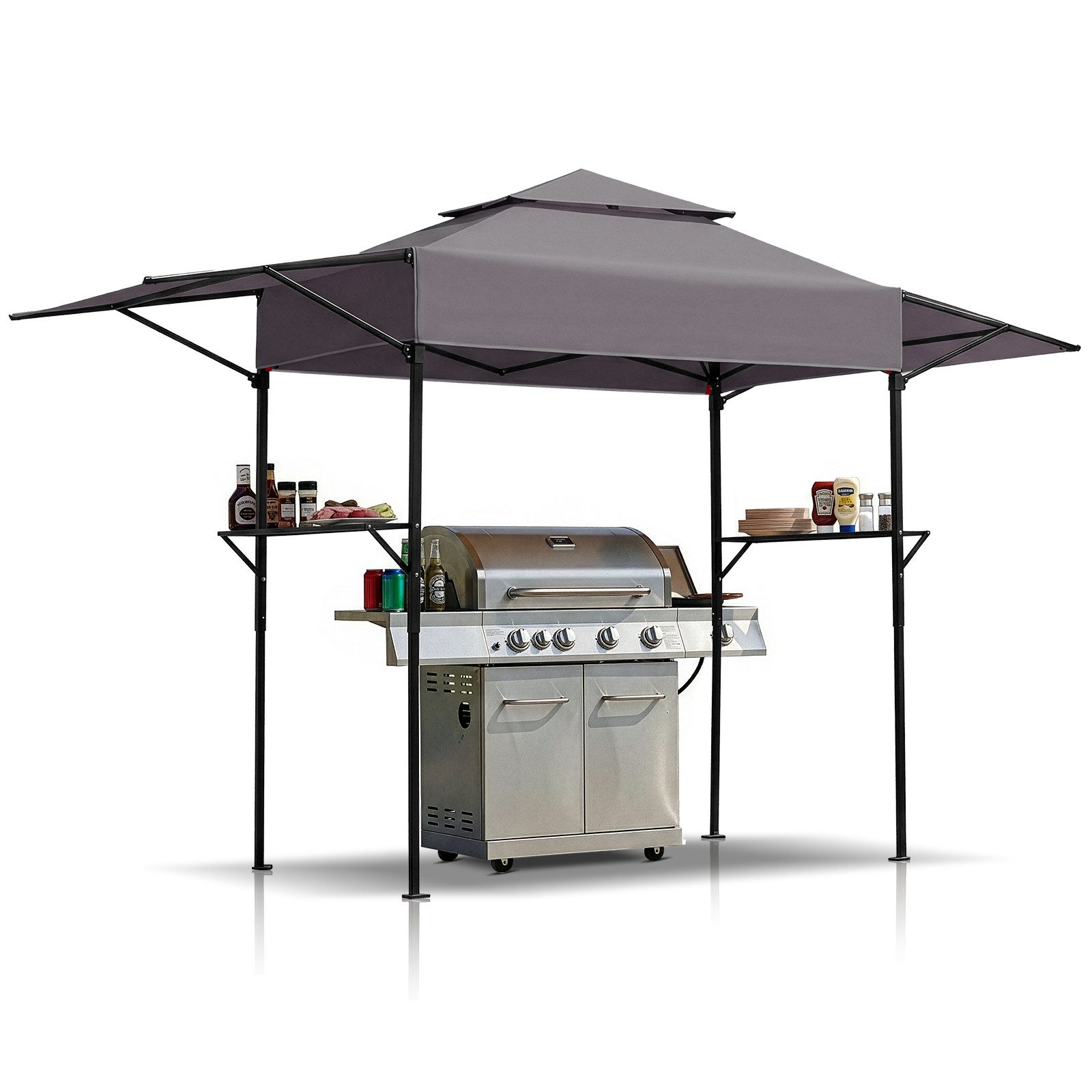 LALAHO Grillpavillon Raucherpavillon mit Doppeldach, Seitenregalen Faltpavillon, Gartenpavillon Grillüberdachungen wetterfest 380x100x240 cm