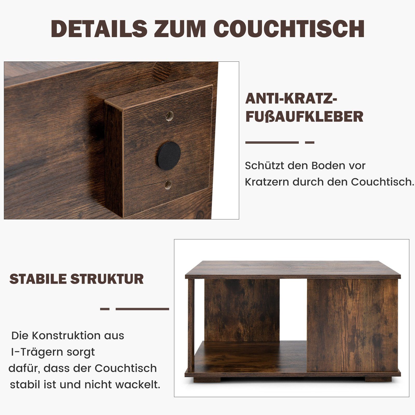 COSTWAY Couchtisch, aus 80 x Ebene, x Vintage Holz, 2 80 cm, 40