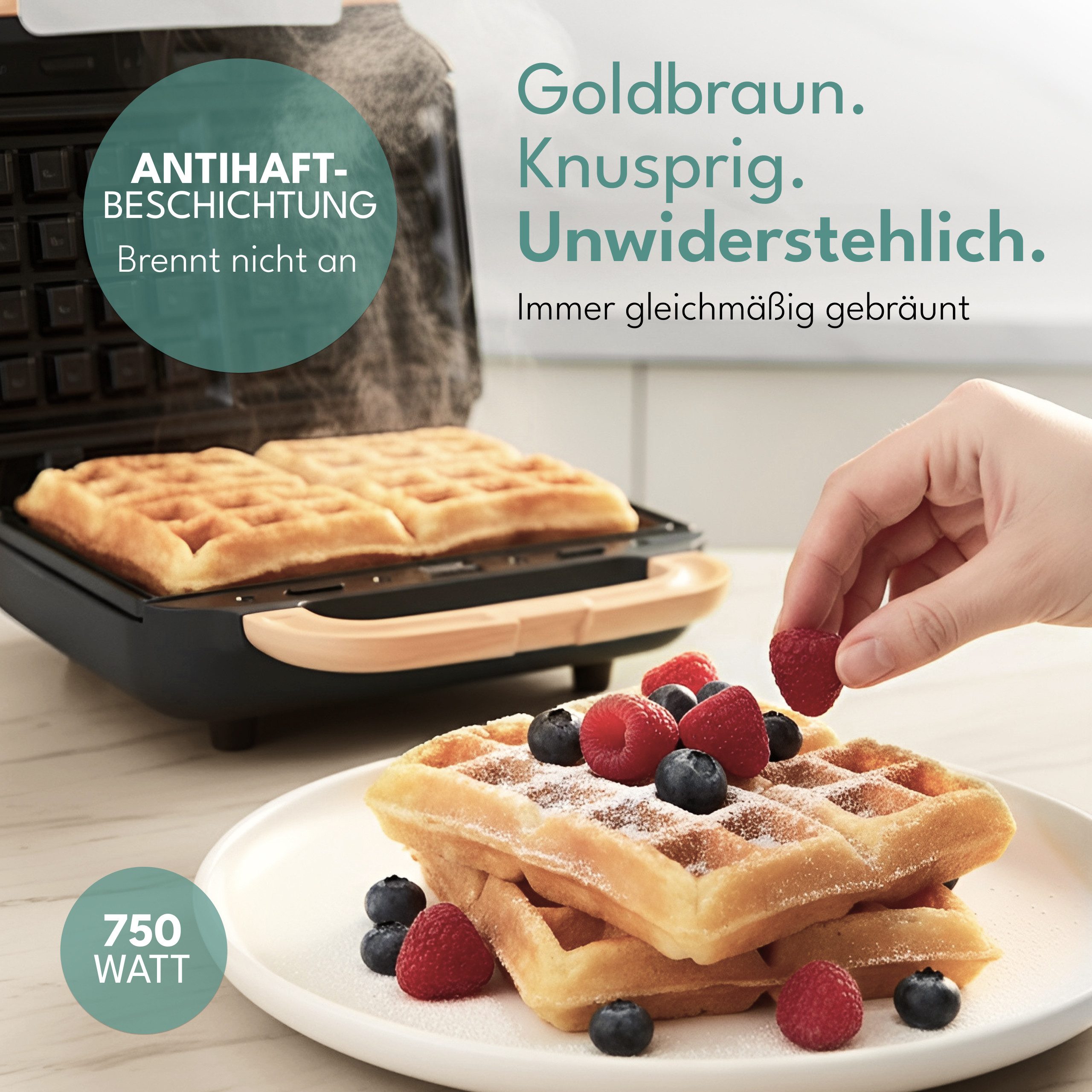 Lebenlang 3-in-1-Sandwichmaker Waffeleisen - Sandwichmaker - Kontaktgrill - Für Panini, Waffeln & Co., 750 W, 3in1 Kombi-Gerät, 15 Min. Timer, Hochwertiges Holzdesign