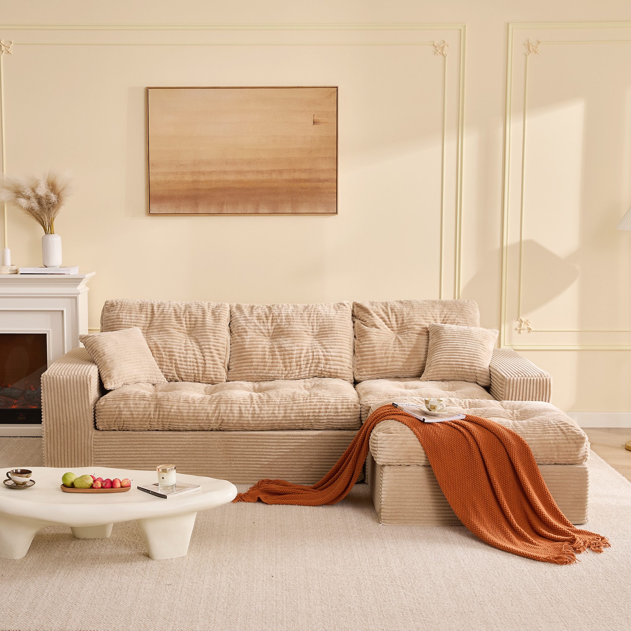 LITBIRD Ecksofa 3-Sitzer Sofa mit Marshmallow-Softpolster & Modulares Recamiere Sofa, 1 Teile, Cordstoff Schlafsofa & Relaxsofa, Wohnzimmer Sofa