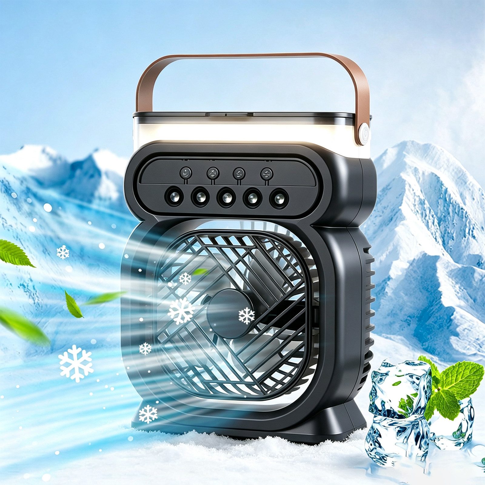 MOPUEA Ventilatorkombigerät 4-in-1 Mobiler Luftkühler mit Sprühnebel 3 Stufen & 7 Farben Licht, 5-fach-Sprühnebel, 3 Windstufen, Timer und leiser Betrieb unter 35 dB.