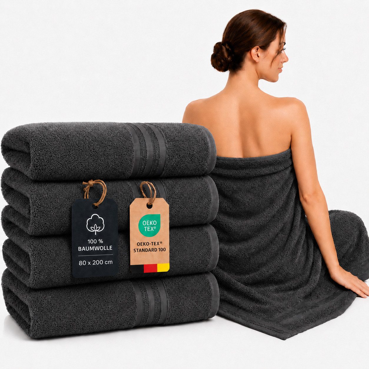 Komfortec Saunatuch Premium XXL Saunatuch 4er Set - 80x200 cm, Frottee (Set, 4-St), extra Große, XXL Saunatuch, 100% Baumwolle, Weich, Schnelltrocknend