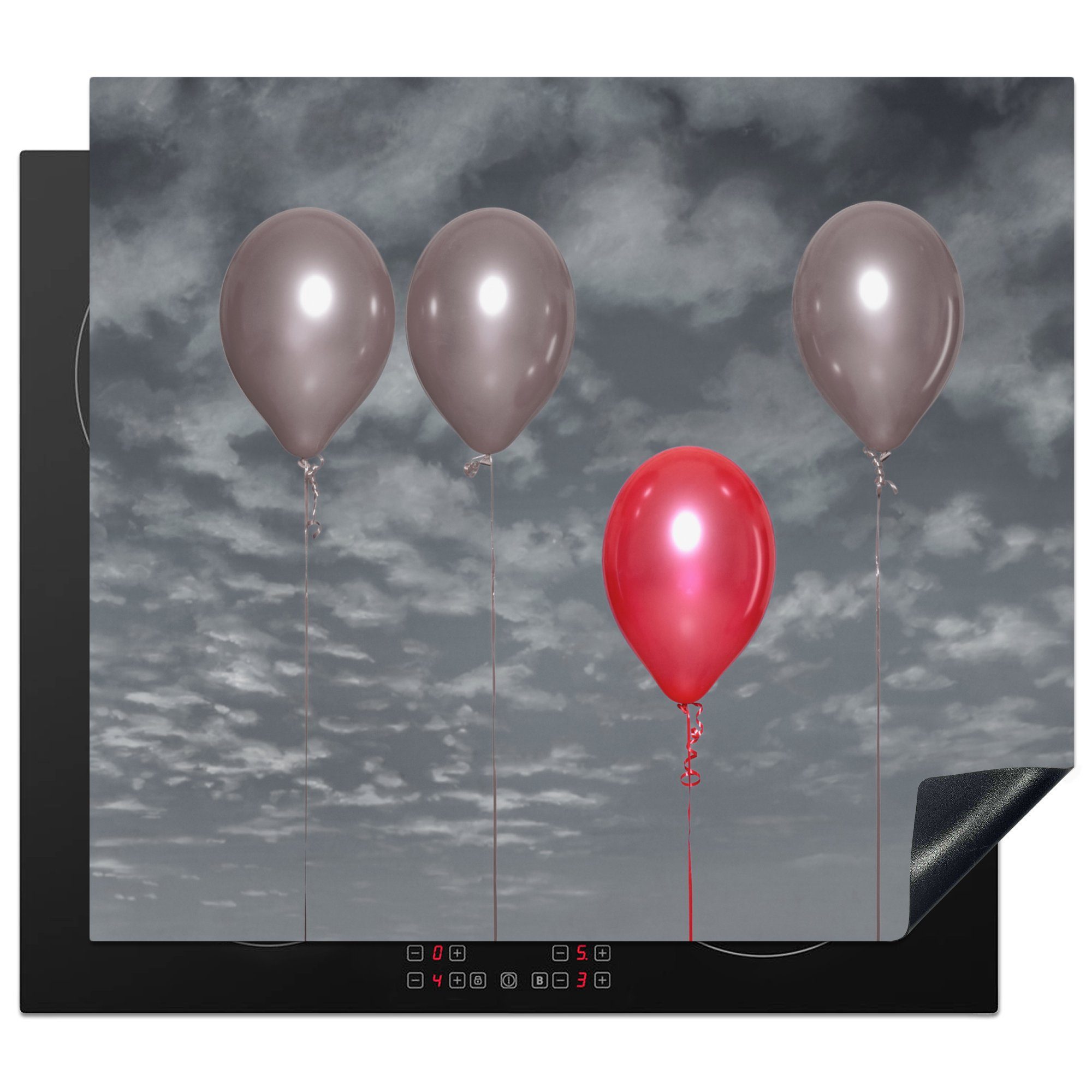 MuchoWow Herdblende-/Abdeckplatte Ein Schwarz-Weiß-Foto mit drei grauen Luftballons und einem roten, Vinyl, (1 tlg), 60x52 cm, Mobile Arbeitsfläche nutzbar, Ceranfeldabdeckung