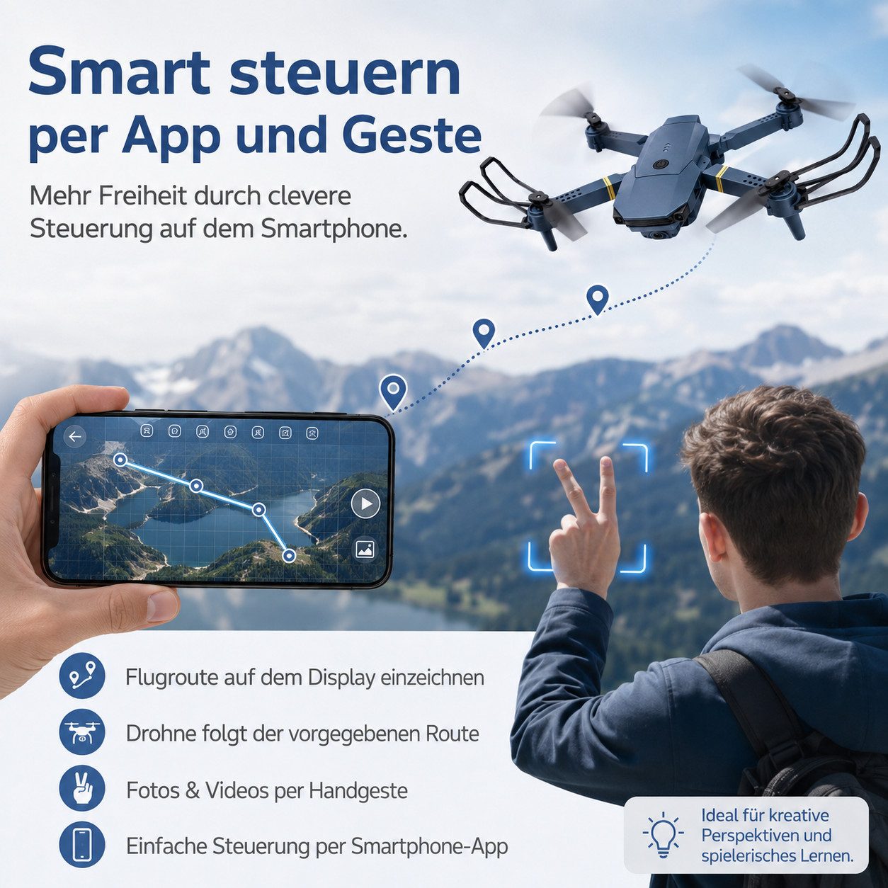 Diyarts RC-Quadrocopter (Einsteigerfreundliche Drohne mit vielseitiger Ausstattung, Hochauflösende 720P-Kamera mit Livebildübertragung), Intelligente Steuerung, kompakte Bauweise und praktisches Faltdesign