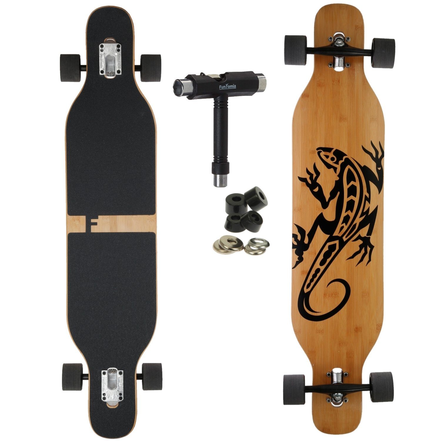 bis 122kg 1 Twin Tip Camber + Skateboard - Rollen mit Mach1 T-Tool - ABEC-9 Komplettboard Flex LED 25 Drop Gecko Longboard Camber und Speed Ahornholz Cruiser Flex FunTomia Stufen / Through Kugellager, Longboard 3 in