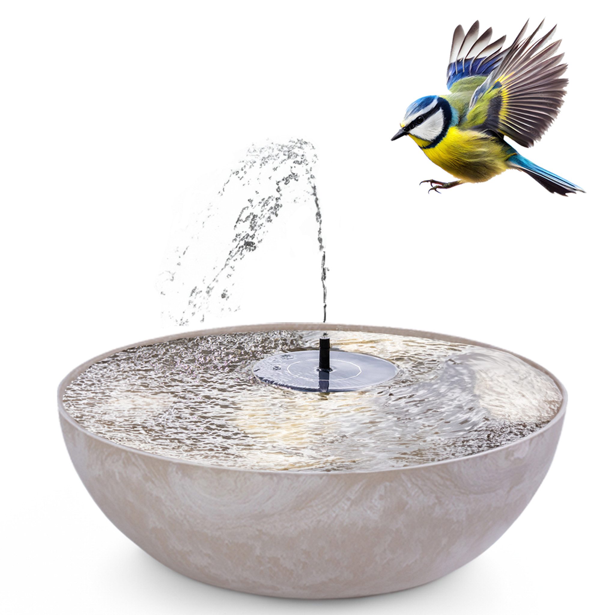 matches21 HOME & HOBBY Wasserspiel Solar-Brunnen Set für draußen - 45 cm Schale sandfarben, (1 tlg), Wasser-Fontäne als Solar Spring-Brunnen Garten-Deko Vogeltränke