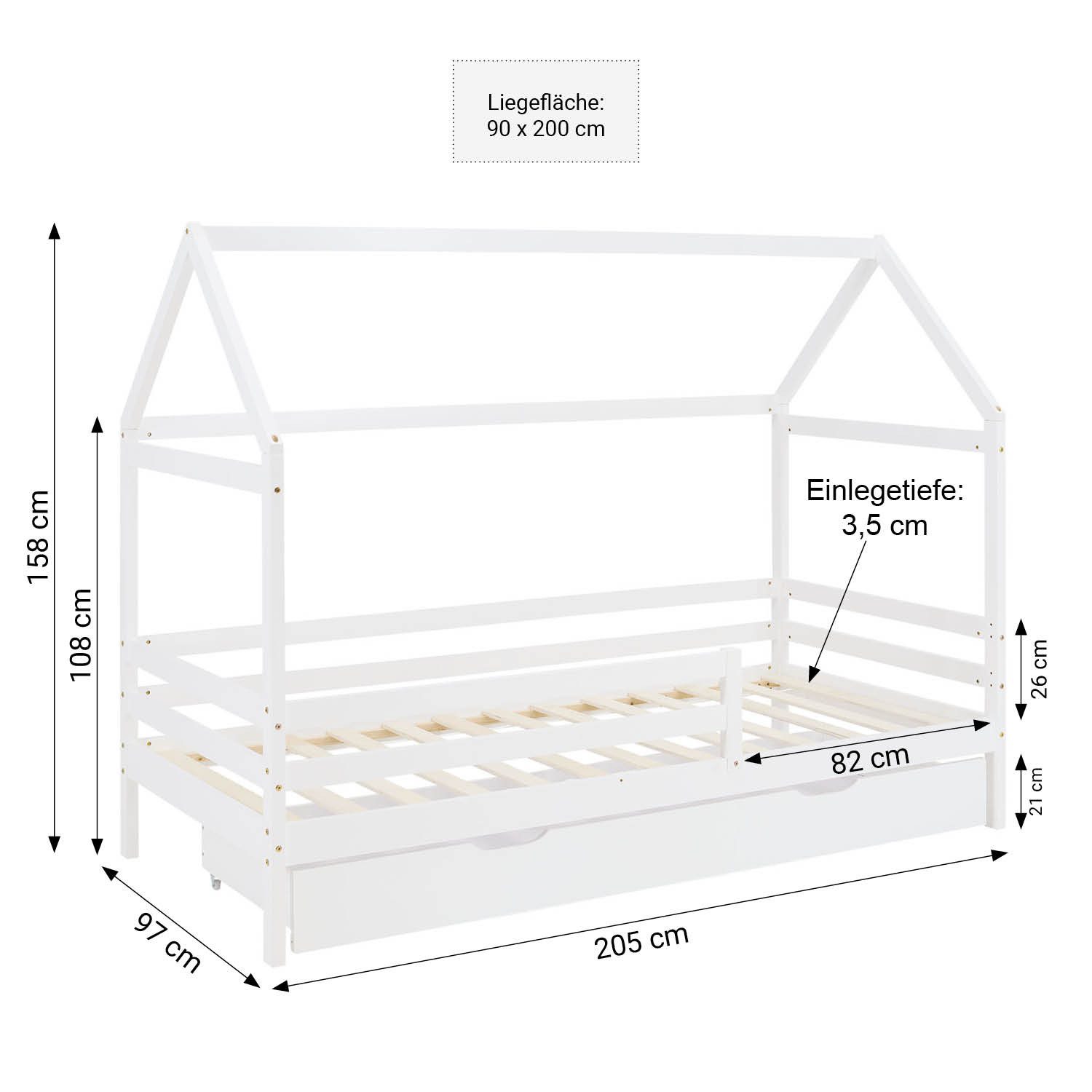 Homestyle4u Hausbett 90x200 Weiß Holz Kinderbett erhöht Kleinkind halbhoch Montessori (Set, Bettgestell mit Lattenrost und Rausfallschutz), mit Stauraum (1x Bettkasten/Schublade). € 289,95