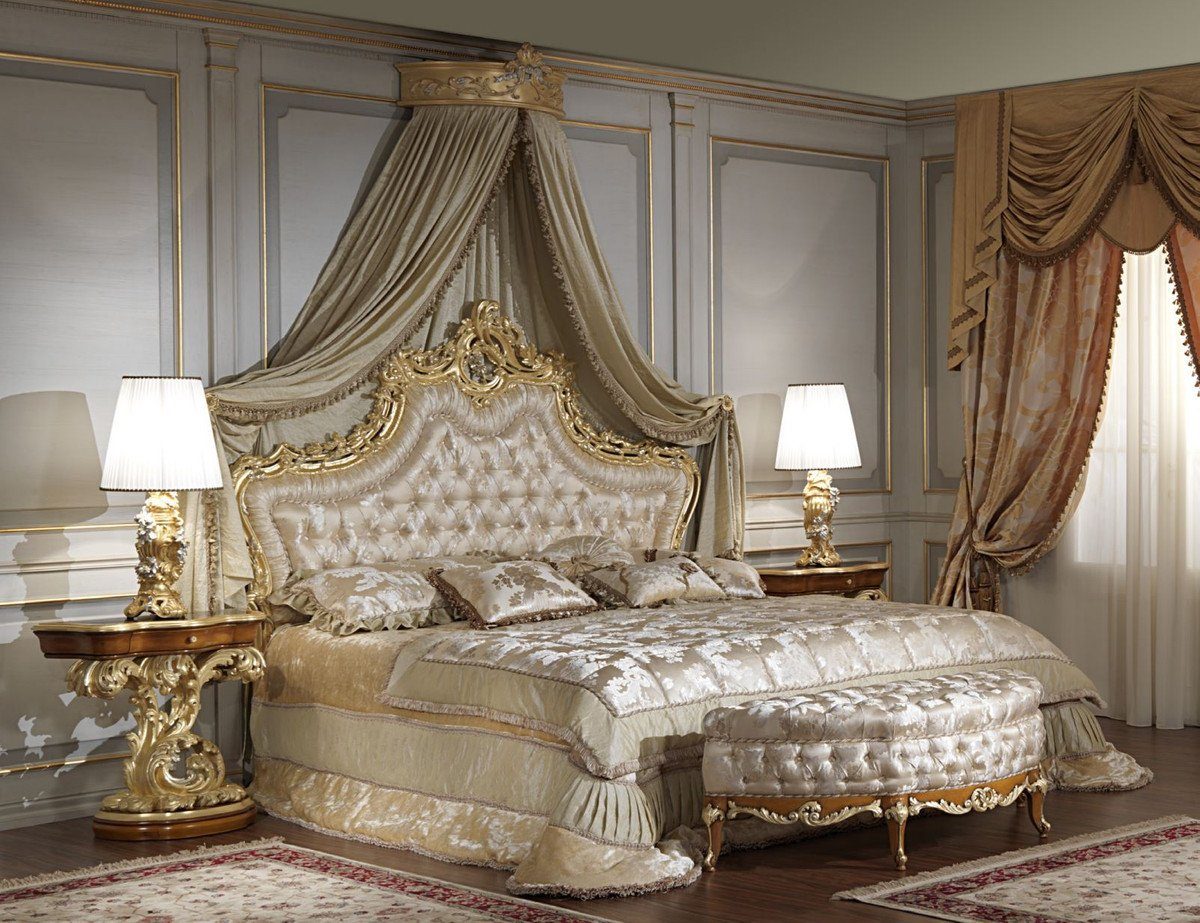 Bett Schlafzimmer Set - 1 Doppelbett mit Kopfteil & 1 Baldachin & 2 Nachttische & 1 Sitzbank - Schlafzimmer Möbel - Hotel Möbel - Edel & Prunkvoll