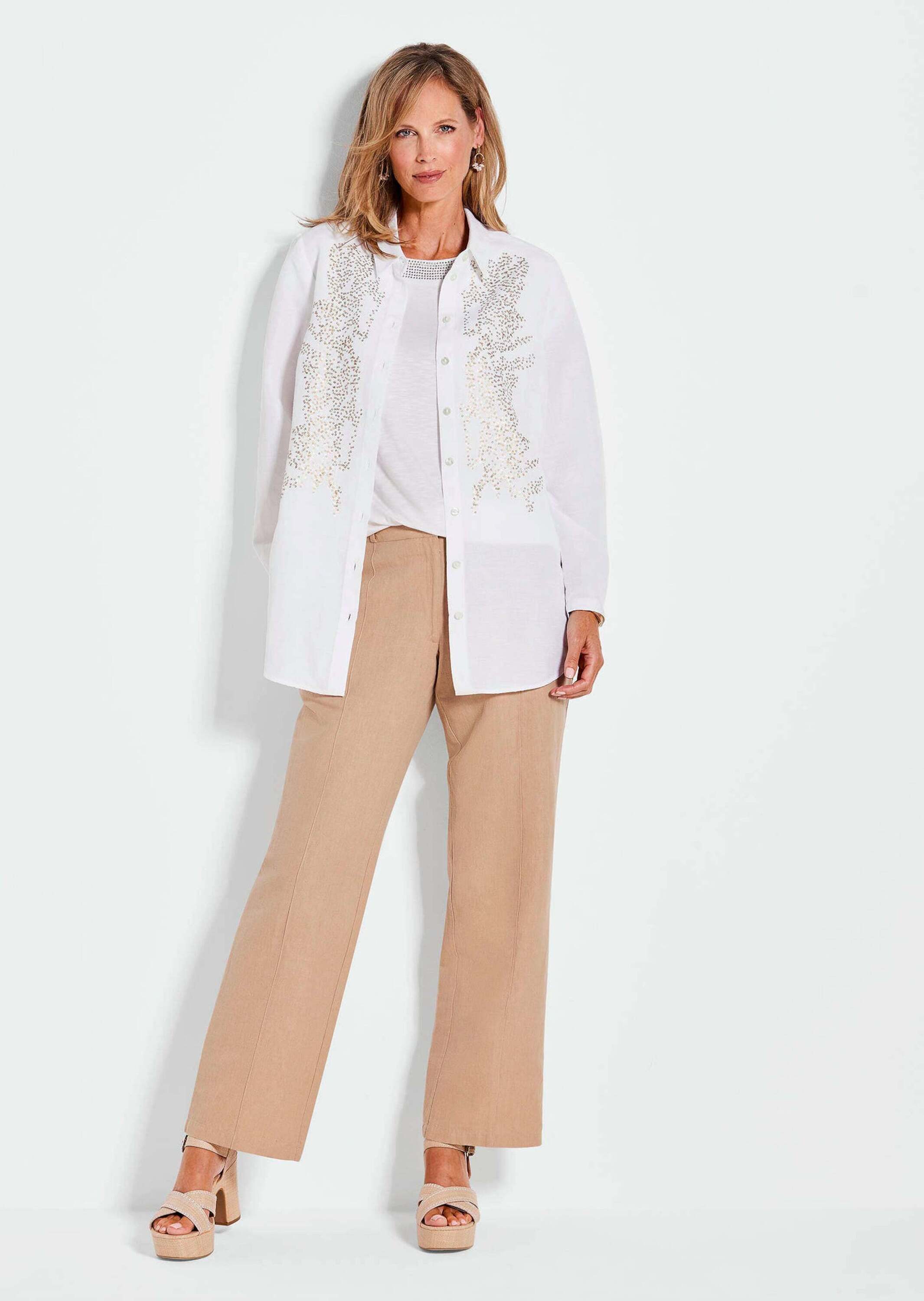 GOLDNER Hemdbluse Weiße elegante Bluse aus Leinen Ausgefallene Bluse mit Ve günstig online kaufen