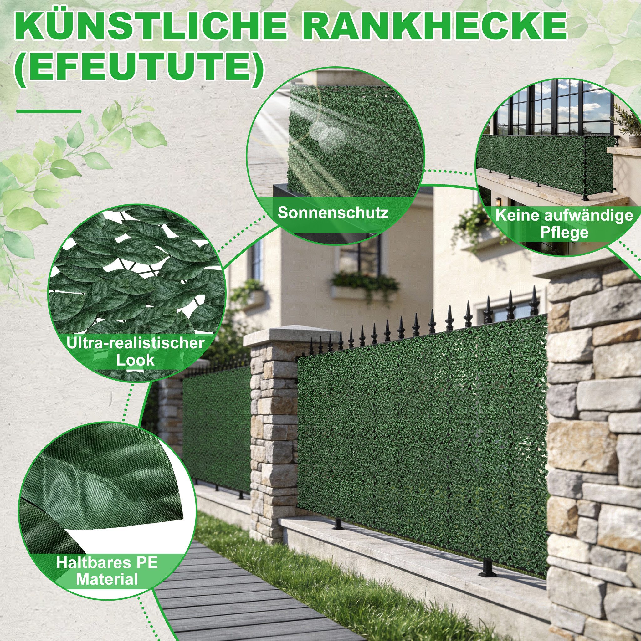 FIVMEN Gartenzaun Künstlicher Efeu Heckenzaun Sichtschutzzaun Erweiterbarer, (1 x 3 m/1 x 6 m /1 x 9 m), Künstliche Hecke für Garten Rankenblatt Dekoration mit  – Bild 4 von 5