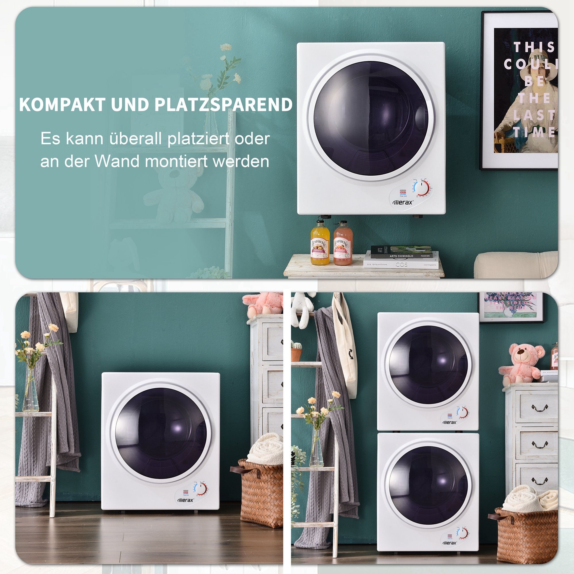 Merax Ablufttrockner mini-Wäschetrockner, PTC-Heizelement, Wärmewahl bis 65 °C, Frontlader TG-JH25W, Doppelte Filterung, freistehend/hängend, Timer 20 bis 200 Minuten