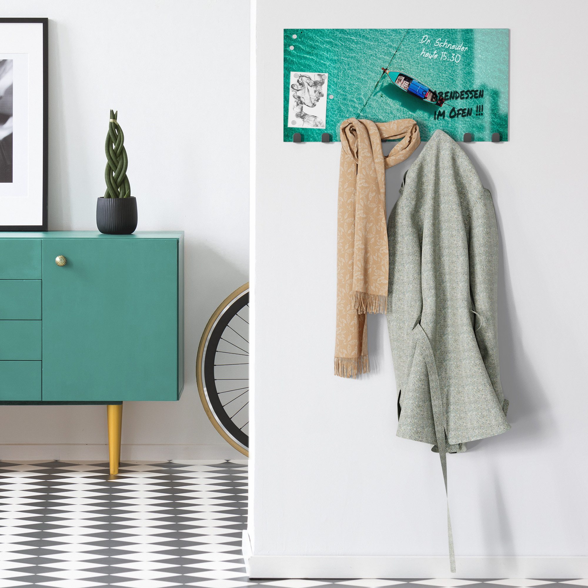 DEQORI Kleiderhaken 'Türkise Stille', Glas Garderobe Paneel magnetisch beschreibbar
