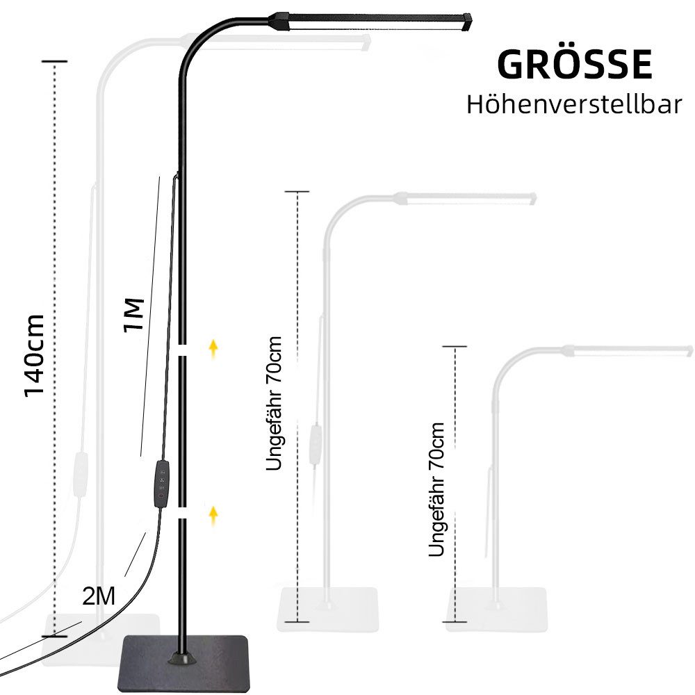 Jibenhome LED Leselampe Stehlampe Wohnzimmer 10W USB Stehleuchte, 10 %–100 %Helligkeitsstufen, Höhenverstellbar, 3000 K/4500 K/6500 K, Schwarz Standleuchte für  – Bild 5 von 5