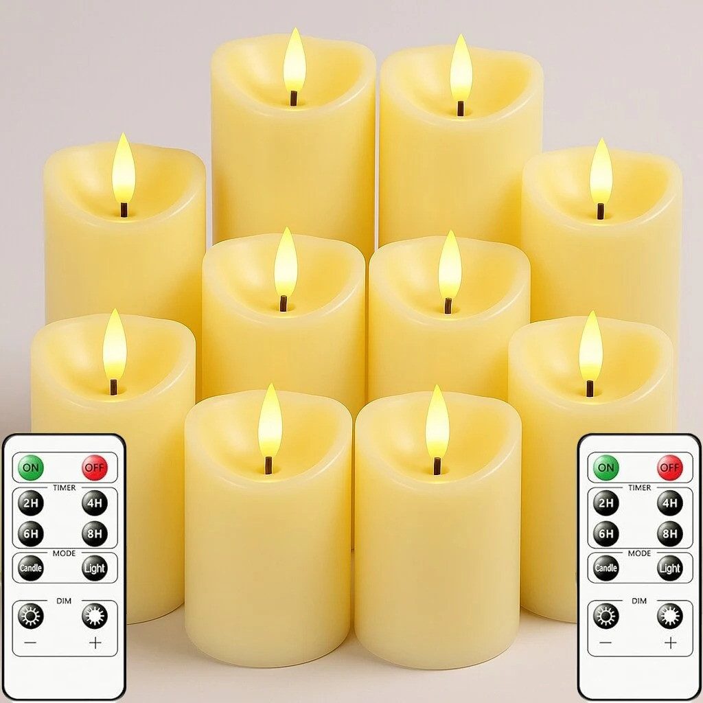 Athlix LED-Kerze 10er flammenlose Kerzen mit Fernbedienung, LED-Kerzen flackernd (10-tlg), Rauchfrei, Kindersicher, Timer-Funktion, Helligkeitsstufen
