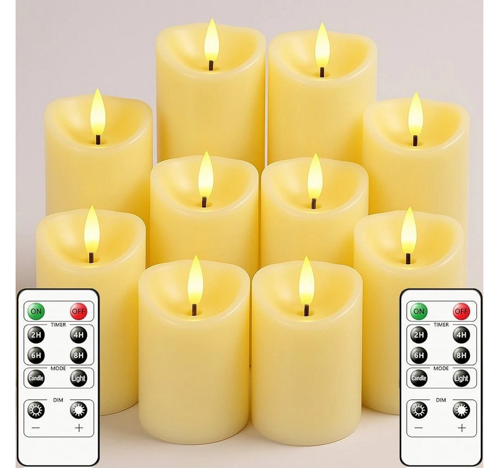 Athlix LED-Kerze 10er flammenlose Kerzen mit Fernbedienung, LED-Kerzen flackernd (10-tlg), Rauchfrei, Kindersicher, Timer-Funktion, Helligkeitsstufen
