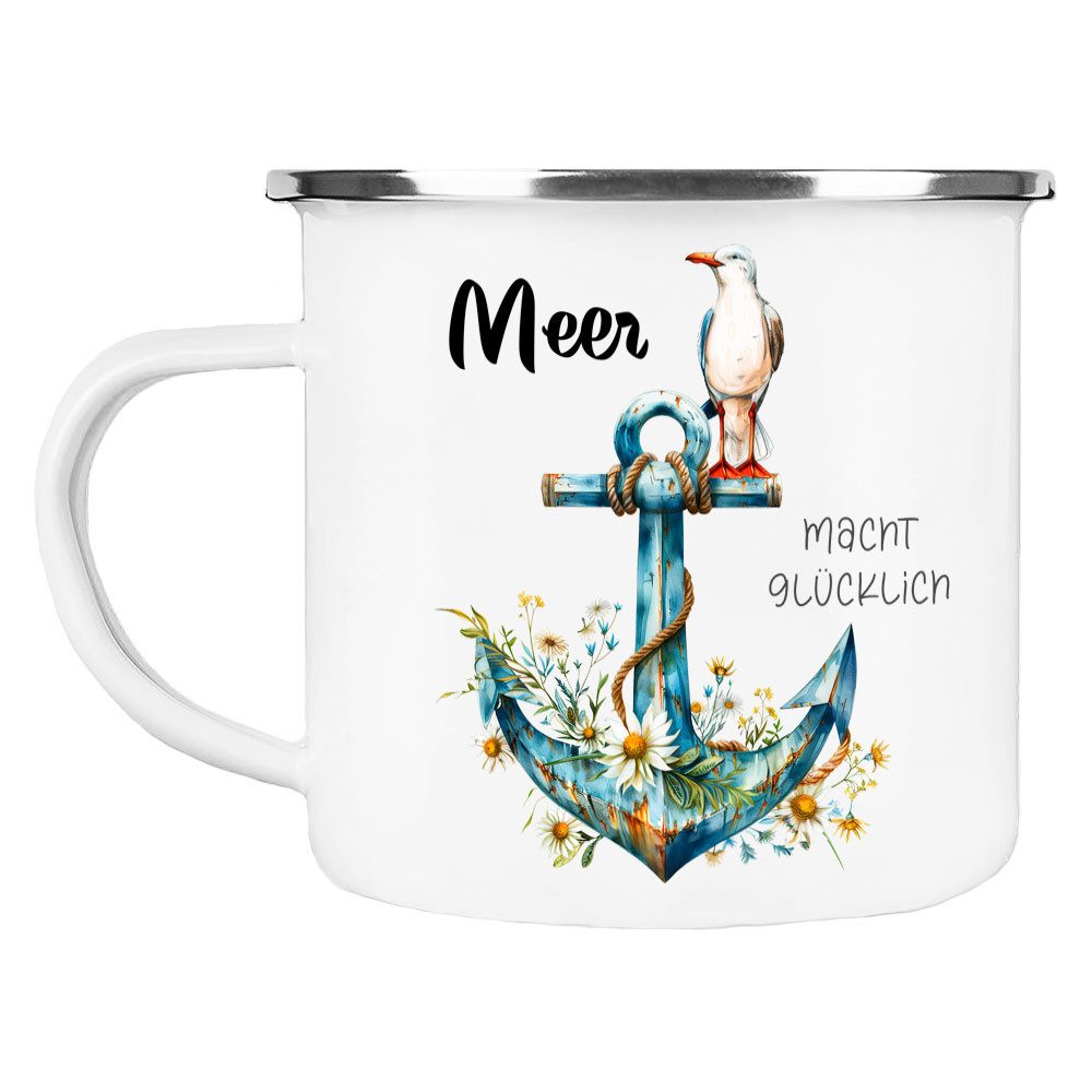 Cadouri Tasse MEER MACHT GLÜCKLICH Camping Emaille Tasse, Campingtasse, Metall, Campingbecher, Kaffeetasse, Anker, maritim, Geschenk, 300 ml