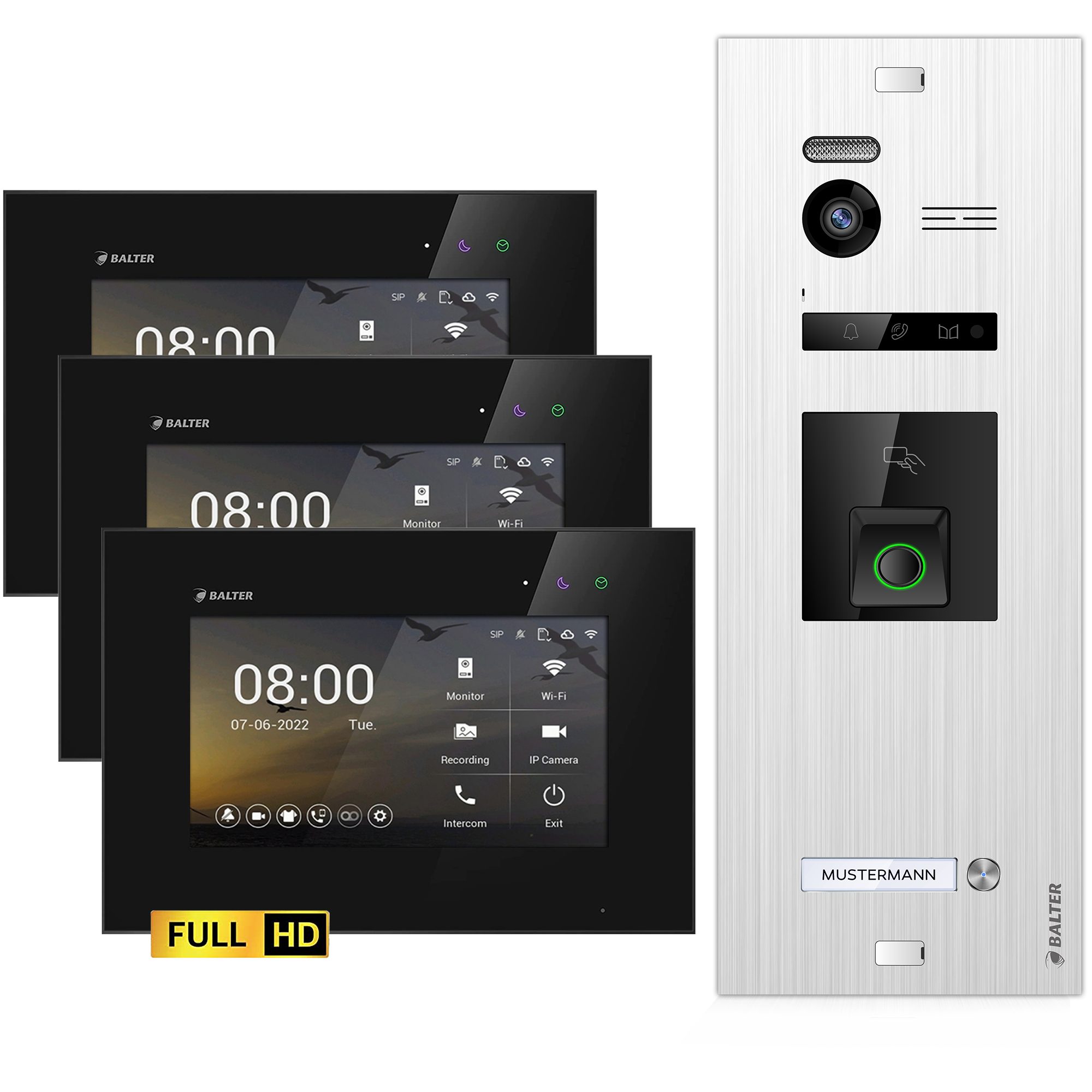 Balter Video-Türsprechanlage EVO HD Fingerprint und RFID für 1 Familienhaus, 3x Monitor (Einfamilienhaus, Komplettset, 8-tlg., 175°Weitwinkel, Full HD Video, Bild/Videospeicher, 2-Draht Technologie)