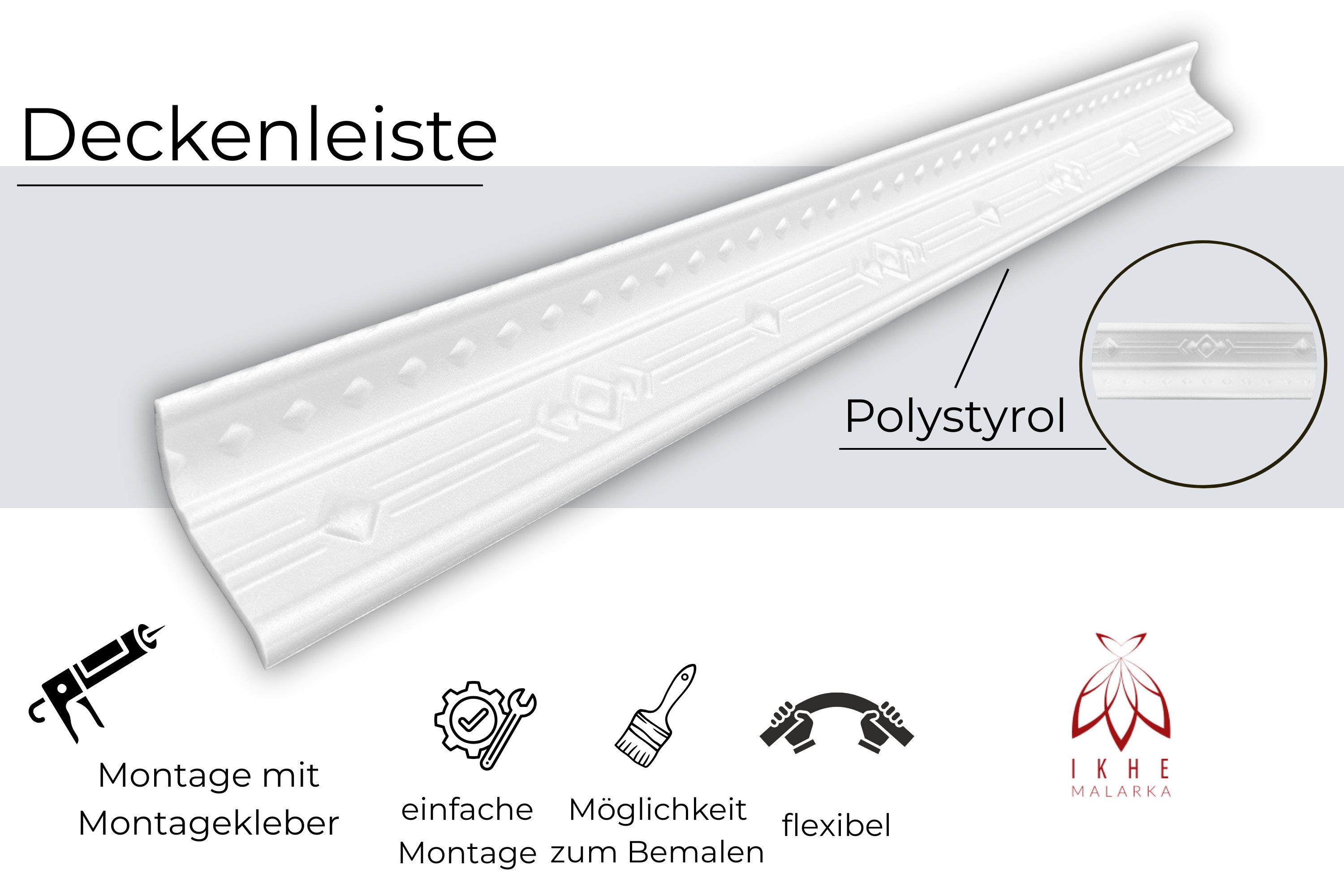 IKHEMalarka Deckenleiste Stuckleisten aus XPS Polystyrol – weiße Zierleisten 1 Meter, Kleben Montagekleber (z. B. Pattex DK Flex 1000), 1 Stück = 1 Meter Länge, – Bild 5 von 5