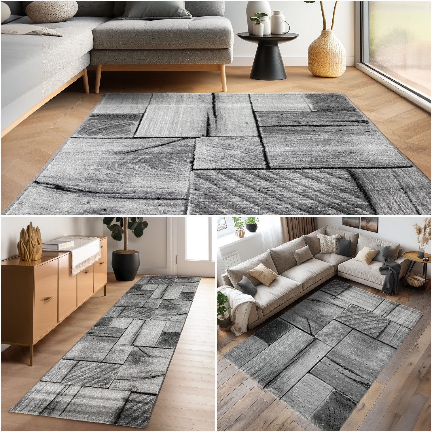 Carpettex Designteppich 3D-Holzdesign, Läufer, Höhe: 12 mm, Modern Kurzflor Teppich Wohnzimmer Holz Optik Schwarz versch. größe