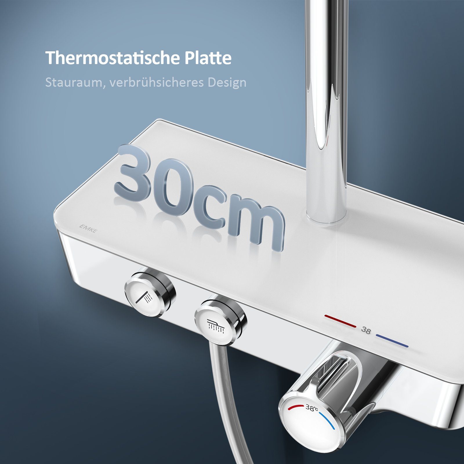 EMKE Duschsystem EMKE Duschsystem eckig mit Regendusche, Kopfbrause und Thermostat, Höhe 82 cm, 3 Strahlart(en), Wasserfall-Auslauf, Duschsäuleset Duschgarnitur mit glasablage