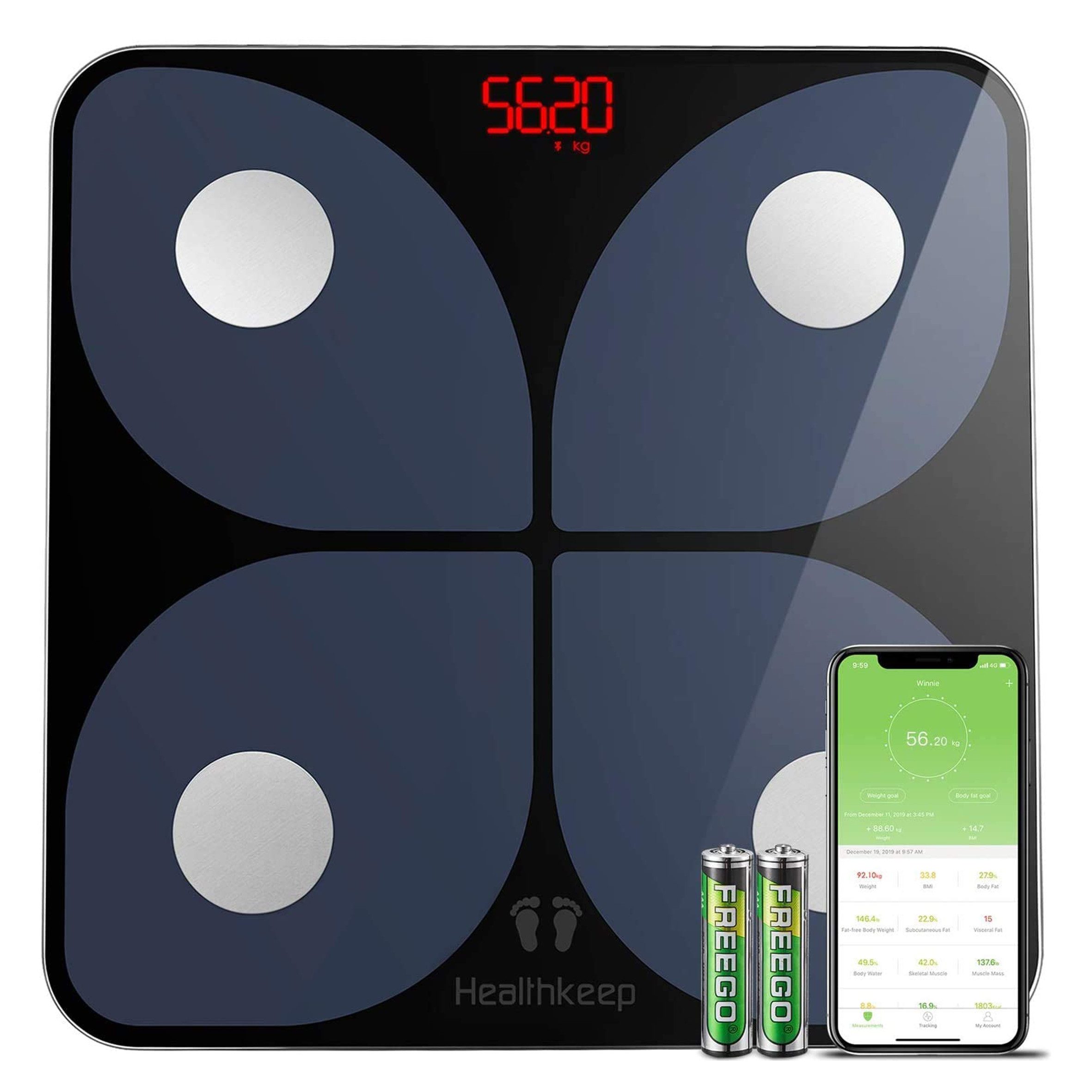 Healthkeep Körper-Analyse-Waage Digitale Körperfettwaage Gewichtswaage Glaswaage bis 180kg, App-Verbindung, 13 Parameter Körperfett Muskelmasse BMI