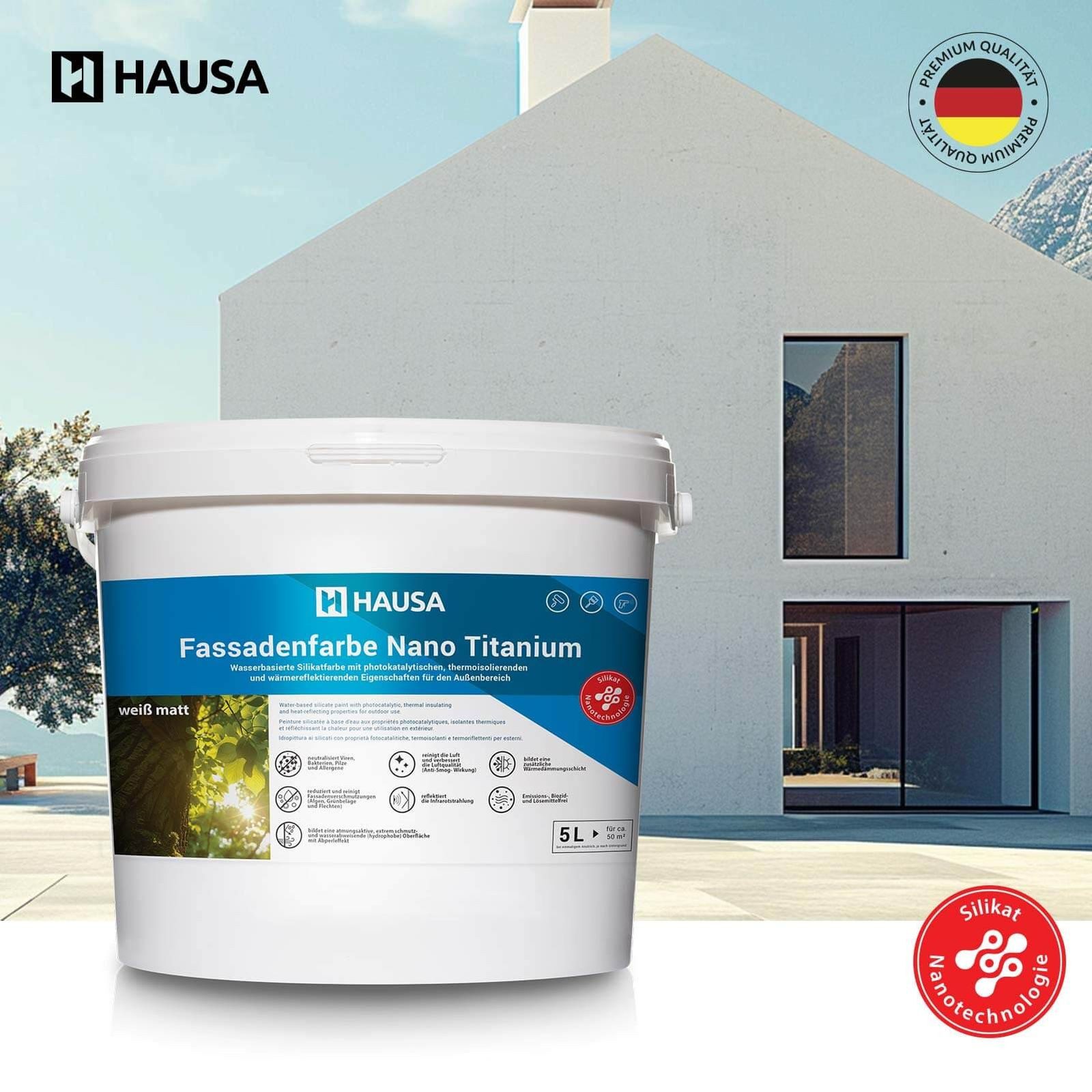 Hausa Fassadenfarbe Nano Titanium Außenfarbe, 10L für ca. 50 m² weiß Anti-Smog, thermoisolierend, Reinigt die Luft – Bild 5 von 5