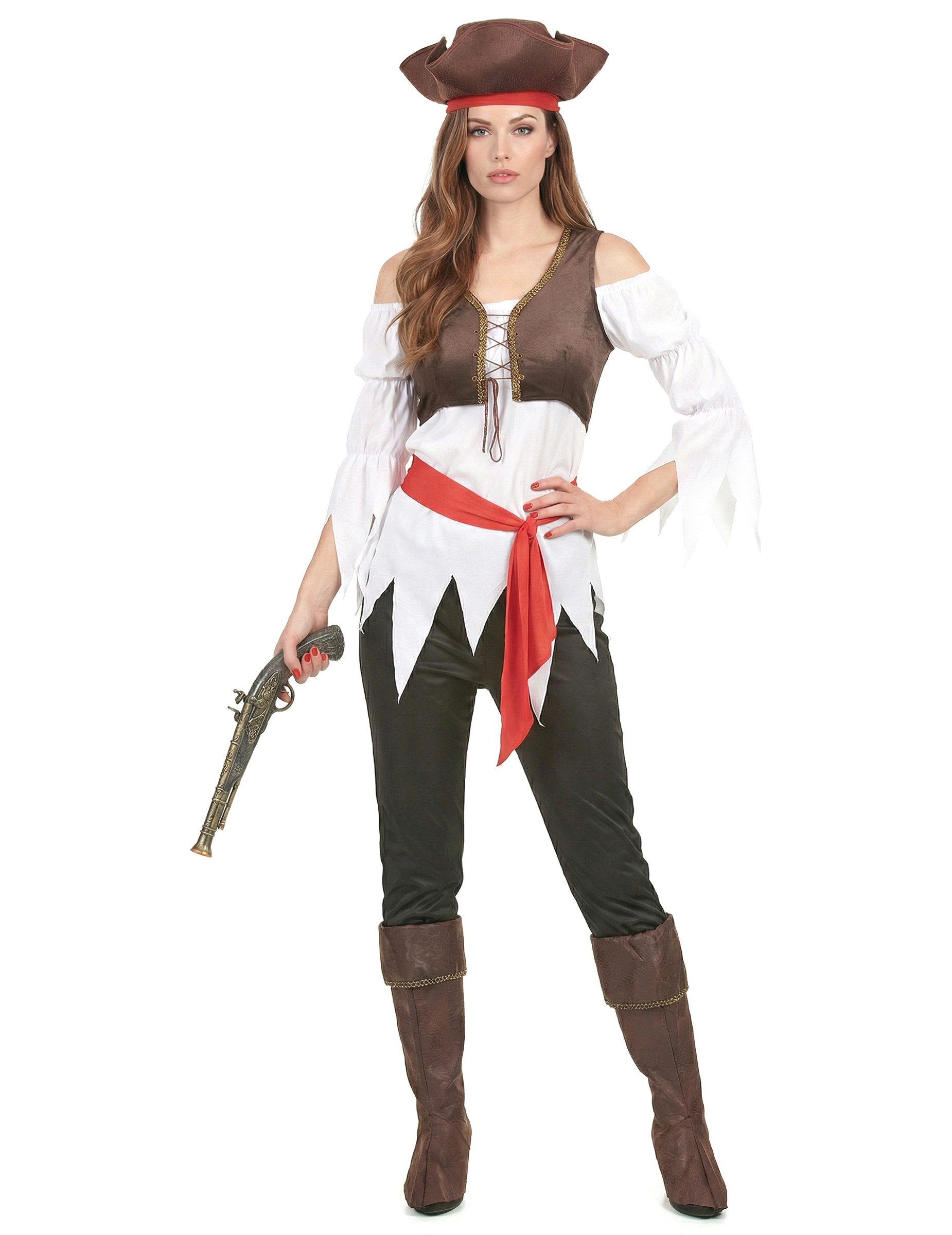 Kostüm Piratenkostüm Damen braun-weiss-rot