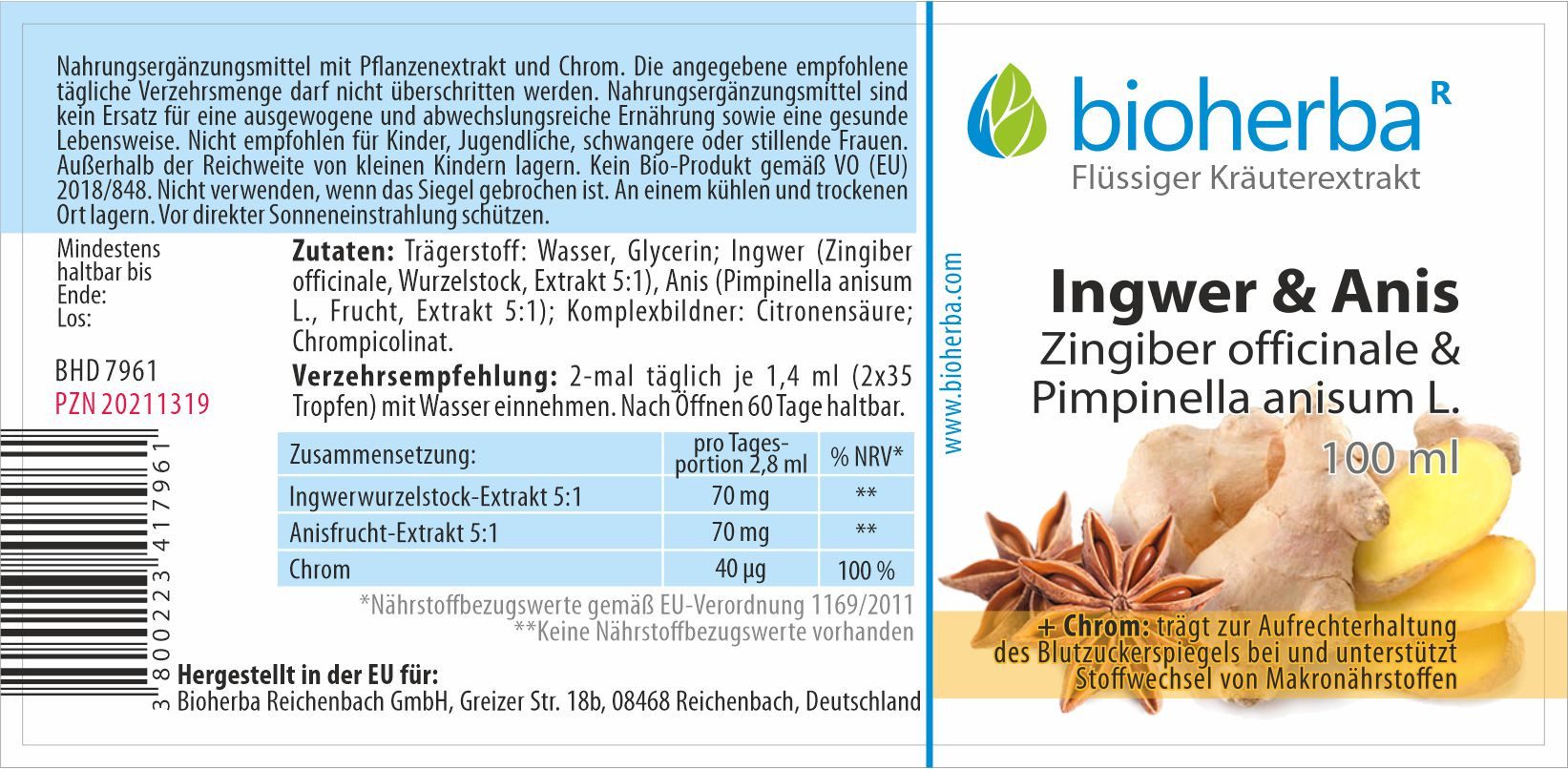BIOHERBA R Bioherba Ingwer & Anis Tropfen Tinktur 100 ml Nahrungsergänzungsmittel, 1 er