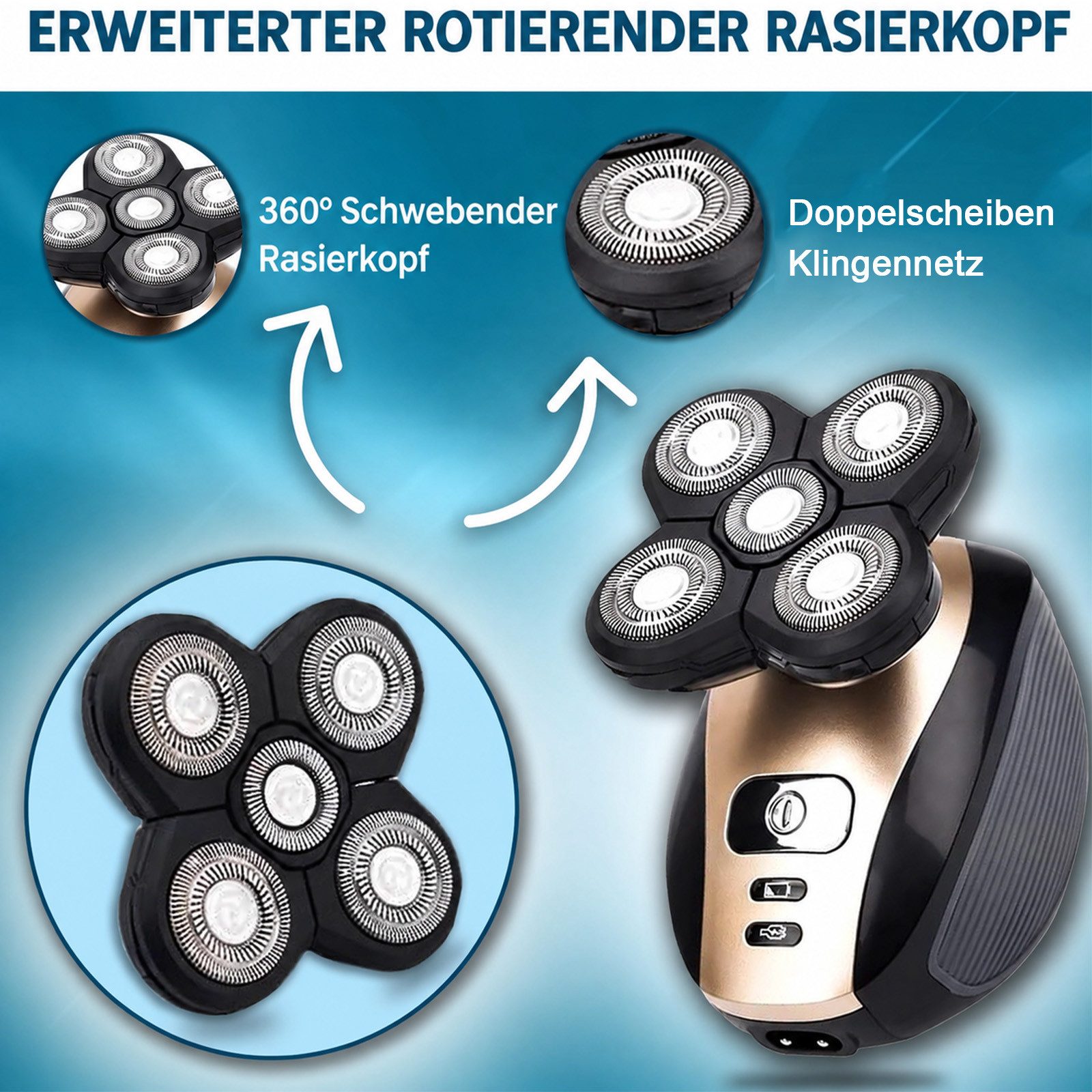 MOPUEA Elektrorasierer Elektrorasierer Cordless 5in1 Kit Rechargeable Waterproof für Männer, 5-in-1 Herrenrasierer mit 5D Rotationskopf & Zubehör, 5-in-1, 5D Kopf, IPX7, nass/trocken, magnetisch, ergonomisch