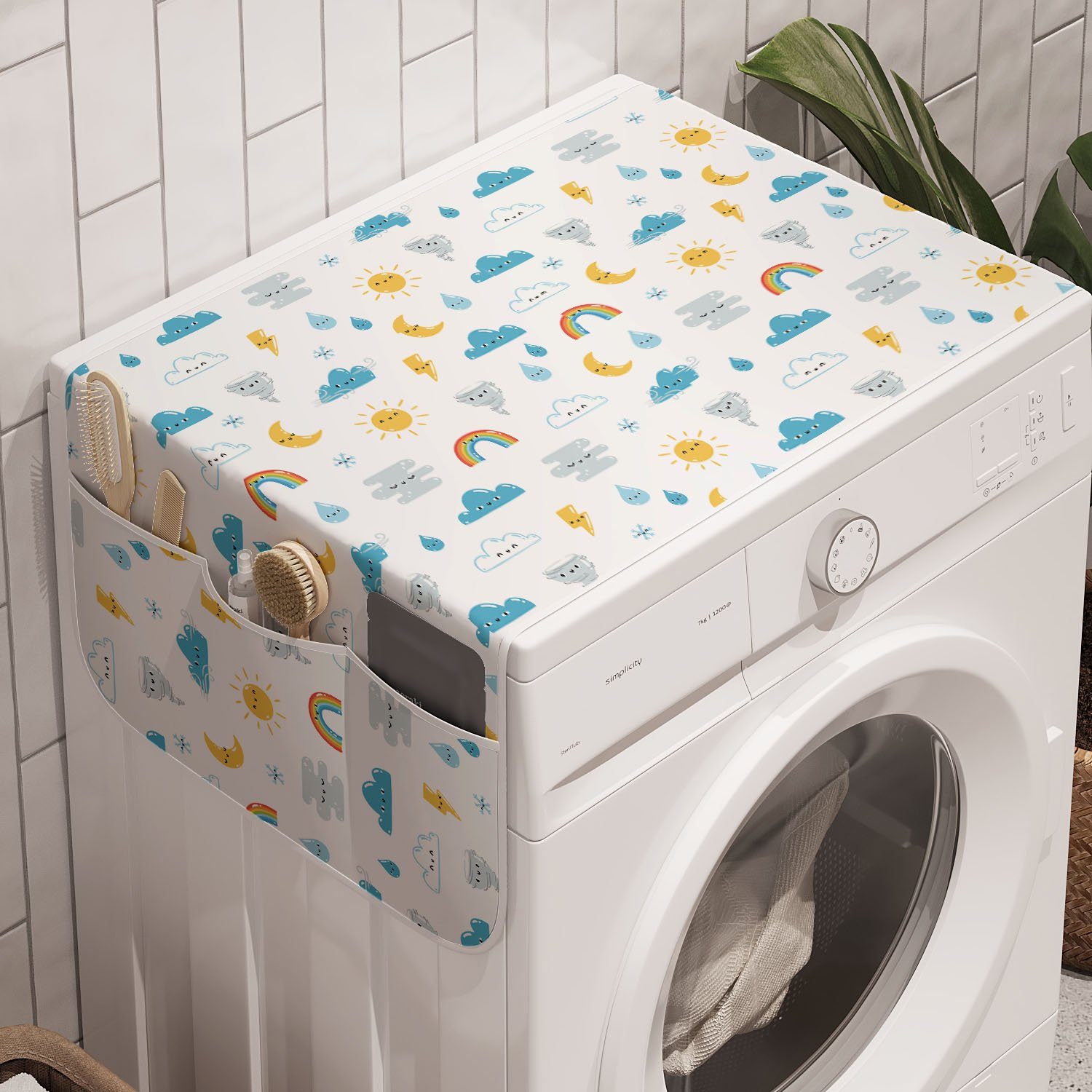 Emojis Lustige Waschmaschine für Abakuhaus Gekritzel und Trockner, Badorganizer Anti-Rutsch-Stoffabdeckung Sonne-Mond-Wolke