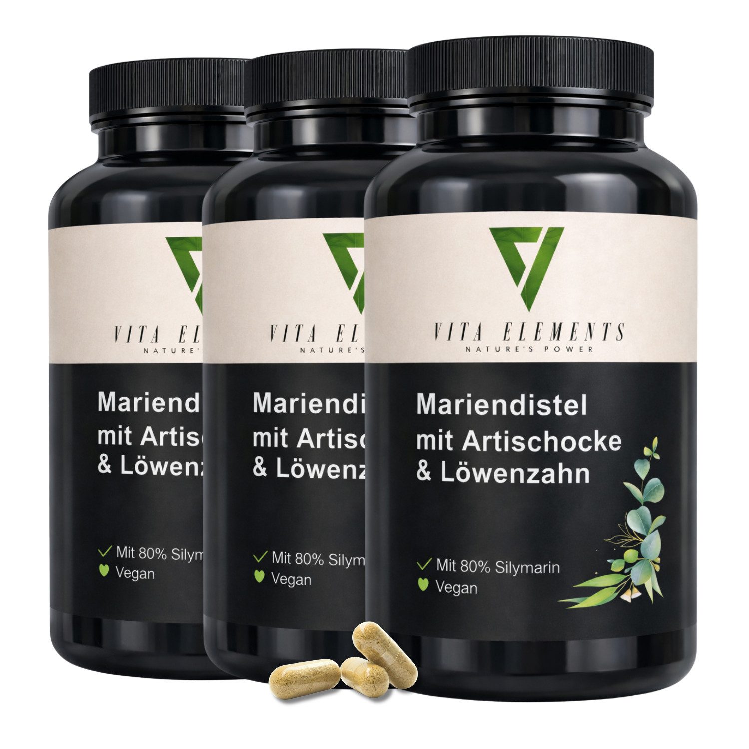 Vita Elements Mariendistel mit Artischocke & Löwenzahn - 200mg Silymarin, 360 Kapseln, 3 er Spar-Set à 120 St., Vegan, Mit Cynarin aus Artischocke, Laborgeprüft in Deutschland