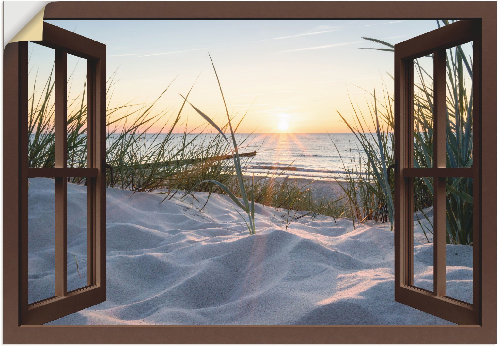 Artland Wandbild Ostseestrand durchs Fenster, oder (1 Alubild, Größen Wandaufkleber Leinwandbild, Meer versch. St), als in Bilder Poster