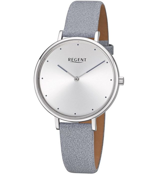 Regent Quarzuhr Regent Damen Uhr BA-450 Leder Quarz (Armbanduhr) Damen Armbanduhr rund Lederarmband grau