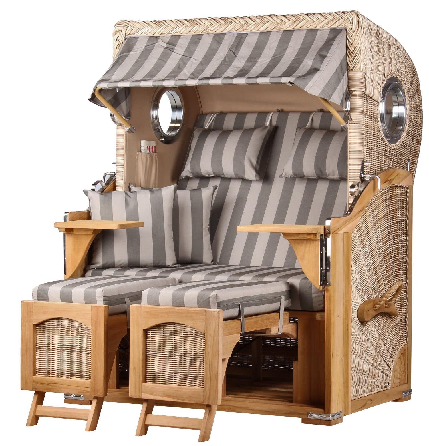 bene living Strandkorb Ammersee 2-Sitzer Teak - PE shell - Modell 537, BxTxH: 125x80x165 cm, Volllieger ca. 175 Grad, Ostsee-Strandkorb, inkl. Liftersystem und Bullaugen