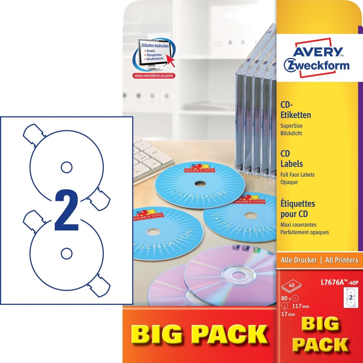 Avery Zweckform Etiketten CD-Etiketten SuperSize A4 117mm 40 Bogen/80 Etiketten weiß