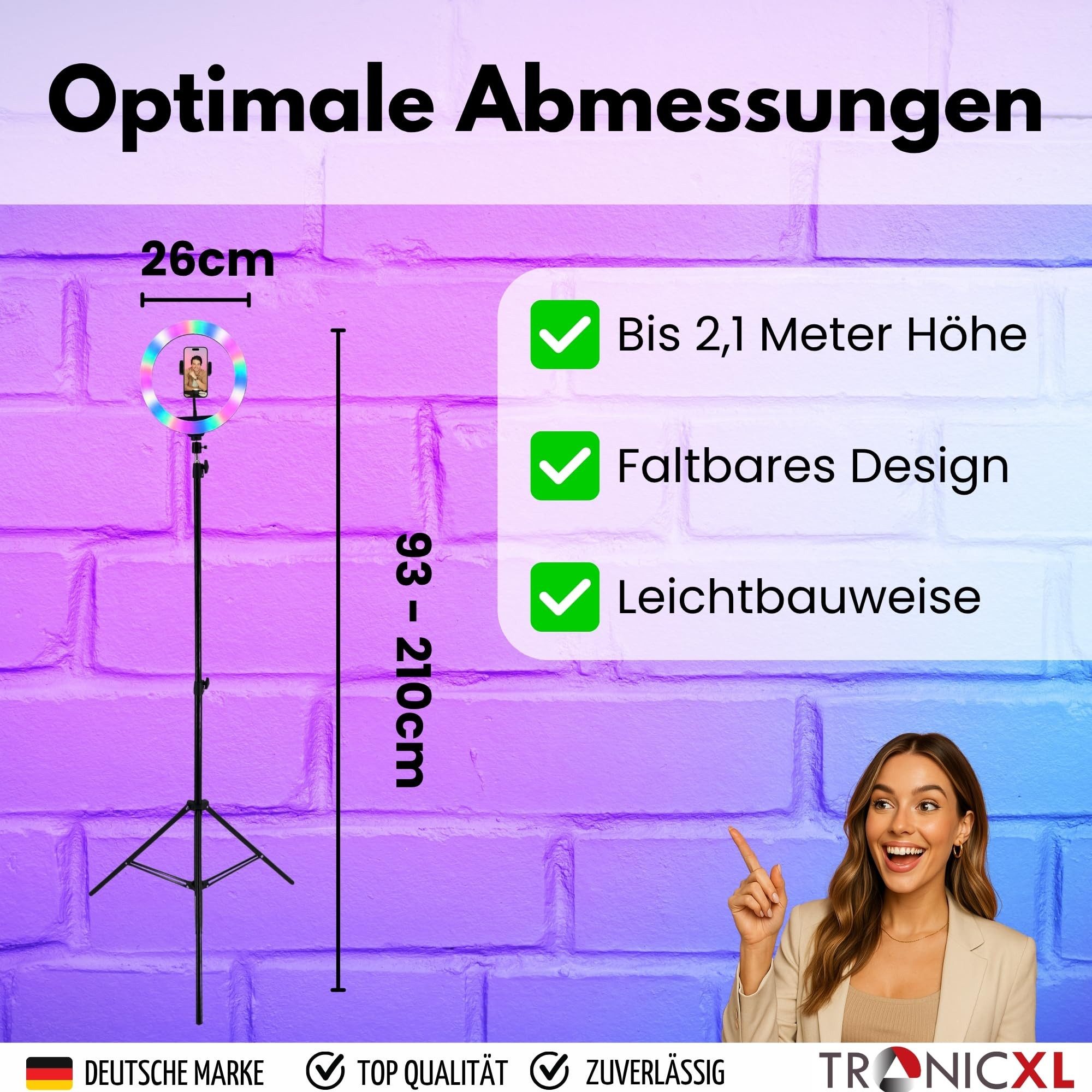 TronicXL Ringlicht RGB LED Ringlicht mit 210cm Stativ + Auslöser Smartphone Halterung, Tripod Ring Light Selfie Bluetooth Selbstauslöser Handy