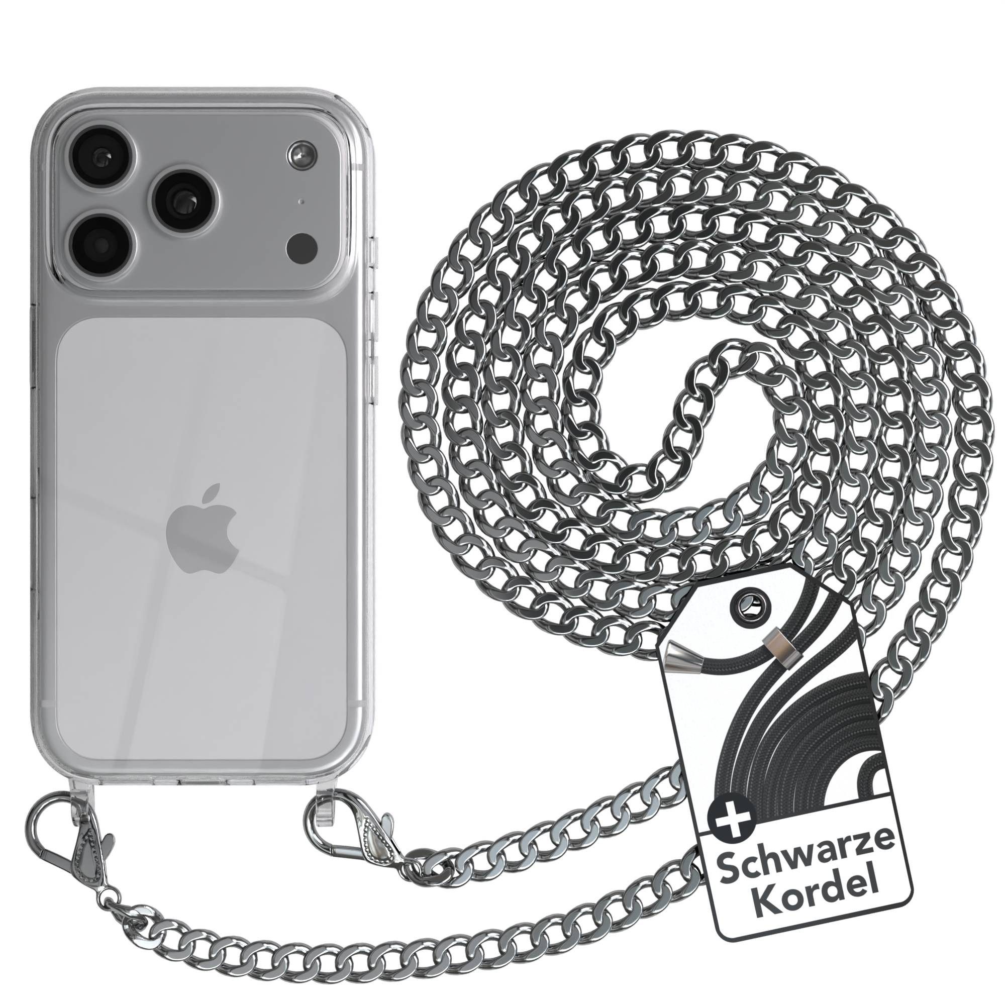 EAZY CASE Handykette 2in1 Metallkette für Apple iPhone 17 Pro 6,3 Zoll, Hülle mit Kette Metallkette Slimcover Handykette Umhängetasche Silber