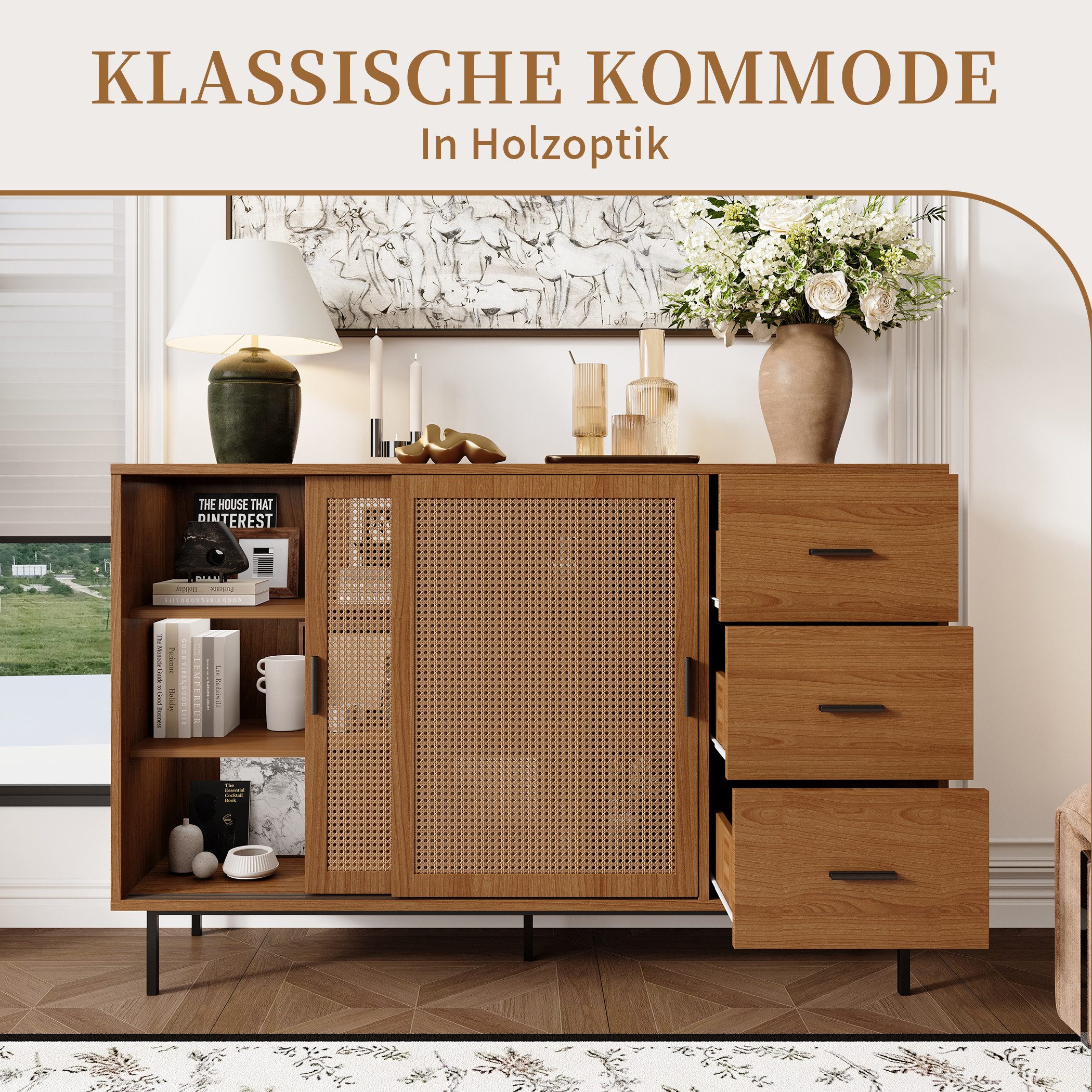 SeedWave Sideboard Retro Wohnzimmerschrank mit 2 Rattan-Schiebetüren, 3 Schubladen, Kommode inklusive 2 höhenverstellbare Einlegeböden, Metallfüße